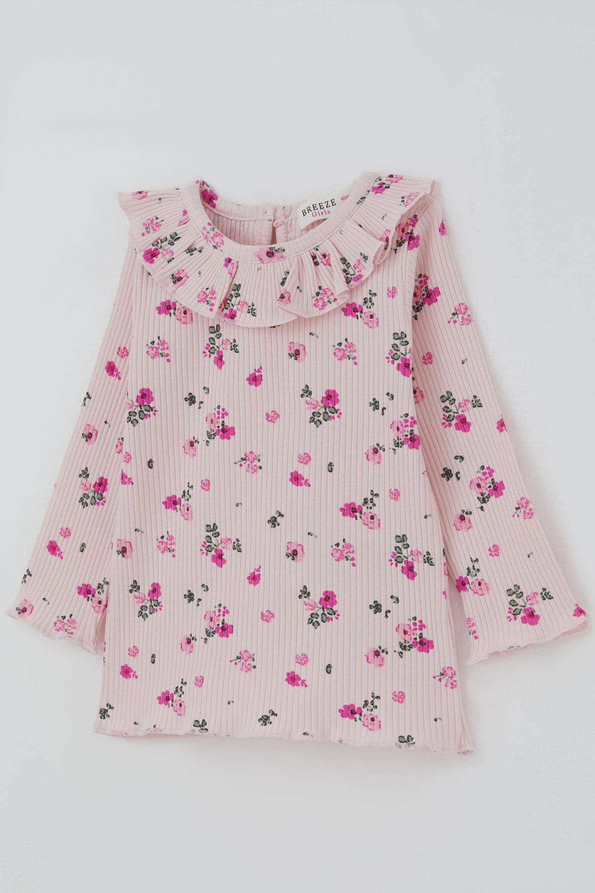 Breeze Kız Bebek Taytlı Takım Çiçek Desenli Yaka Kısmı Fırfır Detaylı Pudra (6 Ay-2 Yaş)