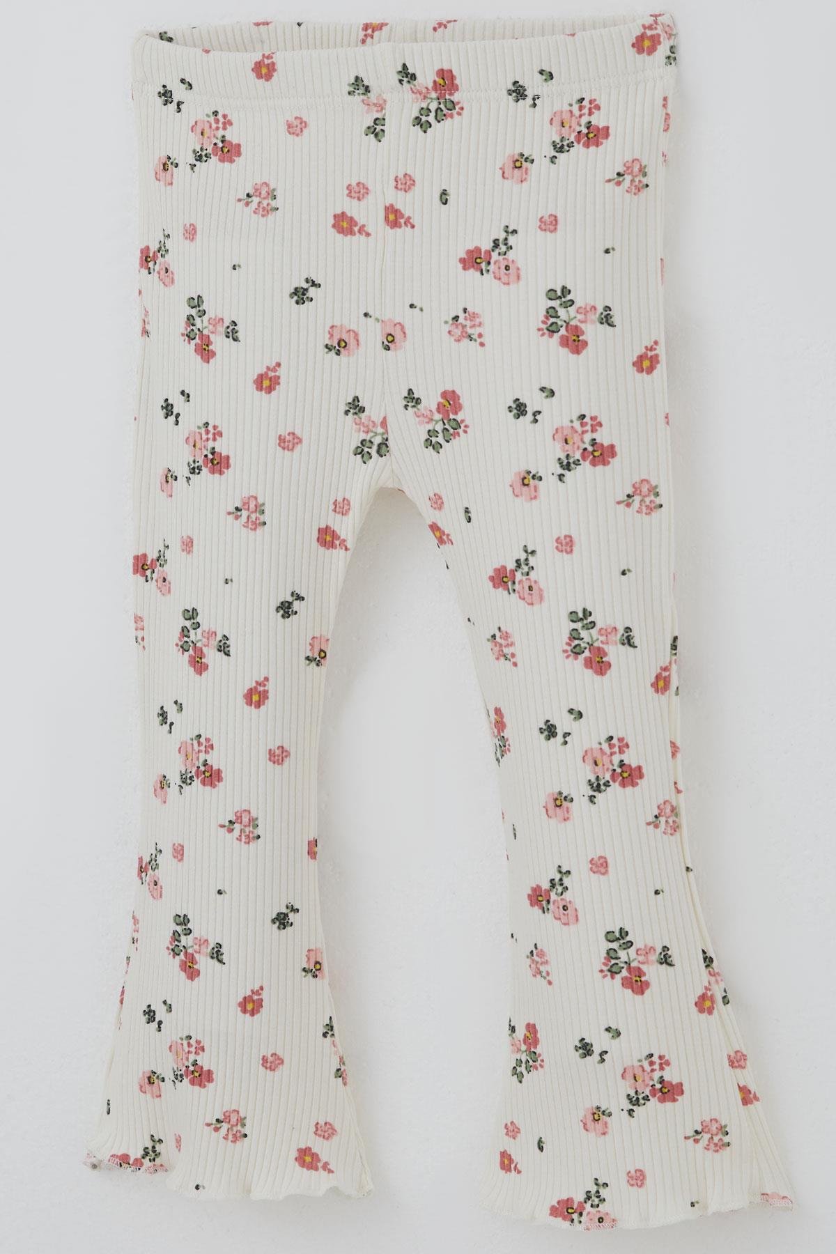 Breeze Kız Bebek Taytlı Takım Çiçek Desenli Yaka Kısmı Fırfır Detaylı Ekru (6 Ay-2 Yaş)