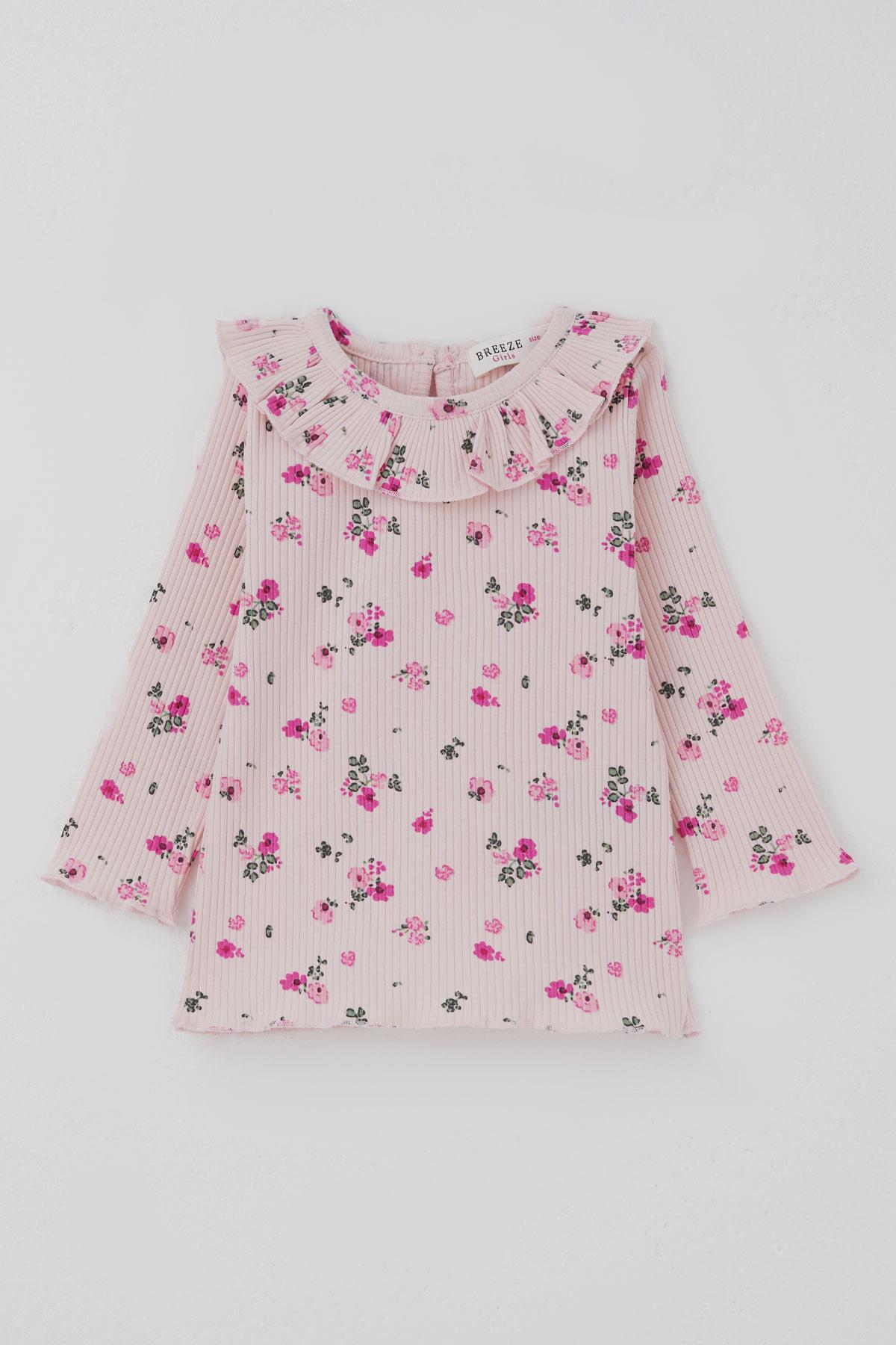 Breeze Kız Bebek Taytlı Takım Çiçek Desenli Yaka Kısmı Fırfır Detaylı Pudra (6 Ay-2 Yaş)