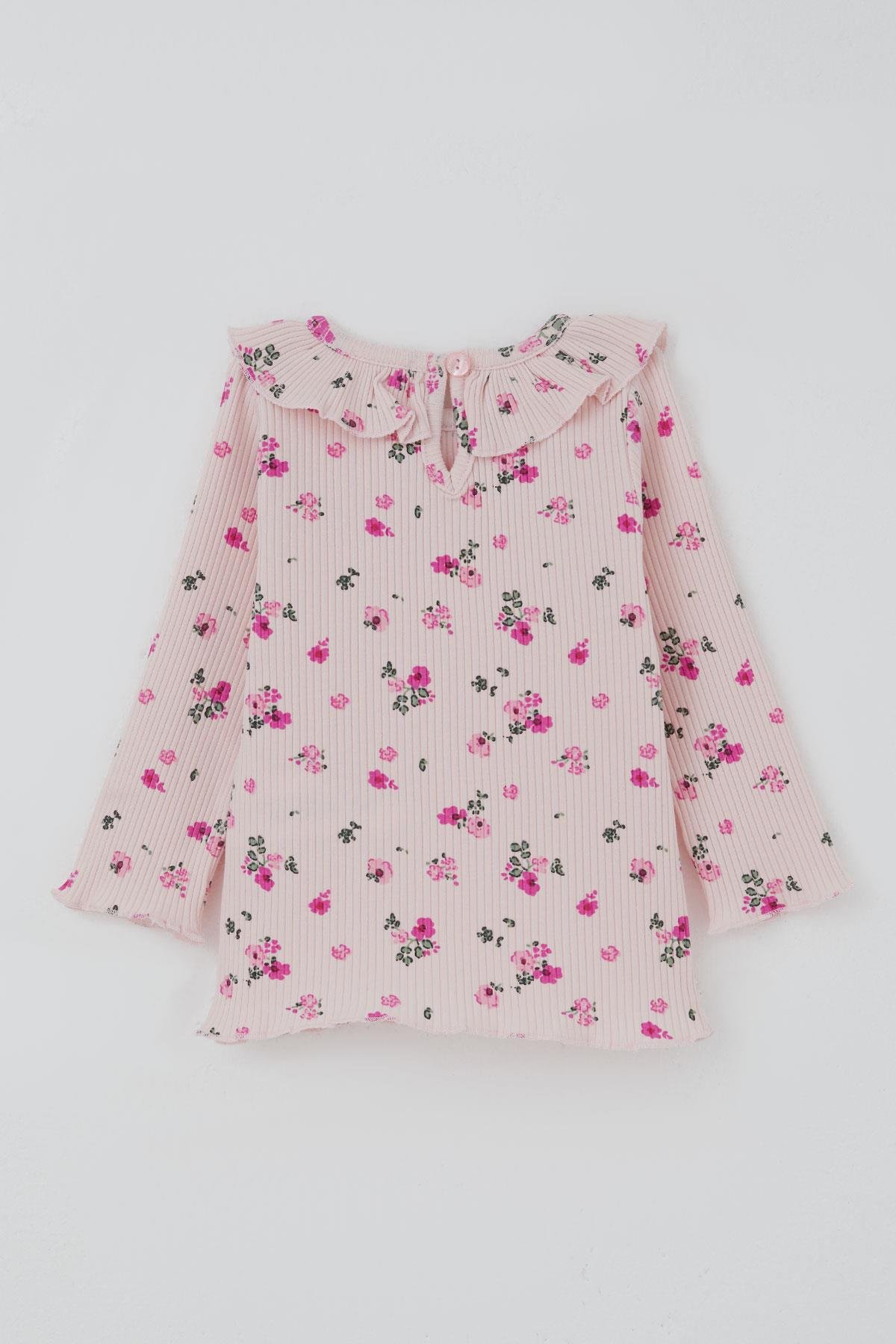 Breeze Kız Bebek Taytlı Takım Çiçek Desenli Yaka Kısmı Fırfır Detaylı Pudra (6 Ay-2 Yaş)
