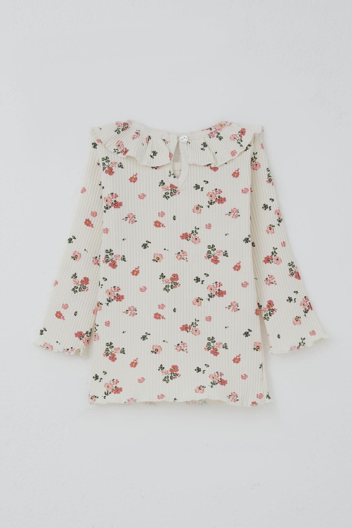 Breeze Kız Bebek Taytlı Takım Çiçek Desenli Yaka Kısmı Fırfır Detaylı Ekru (6 Ay-2 Yaş)