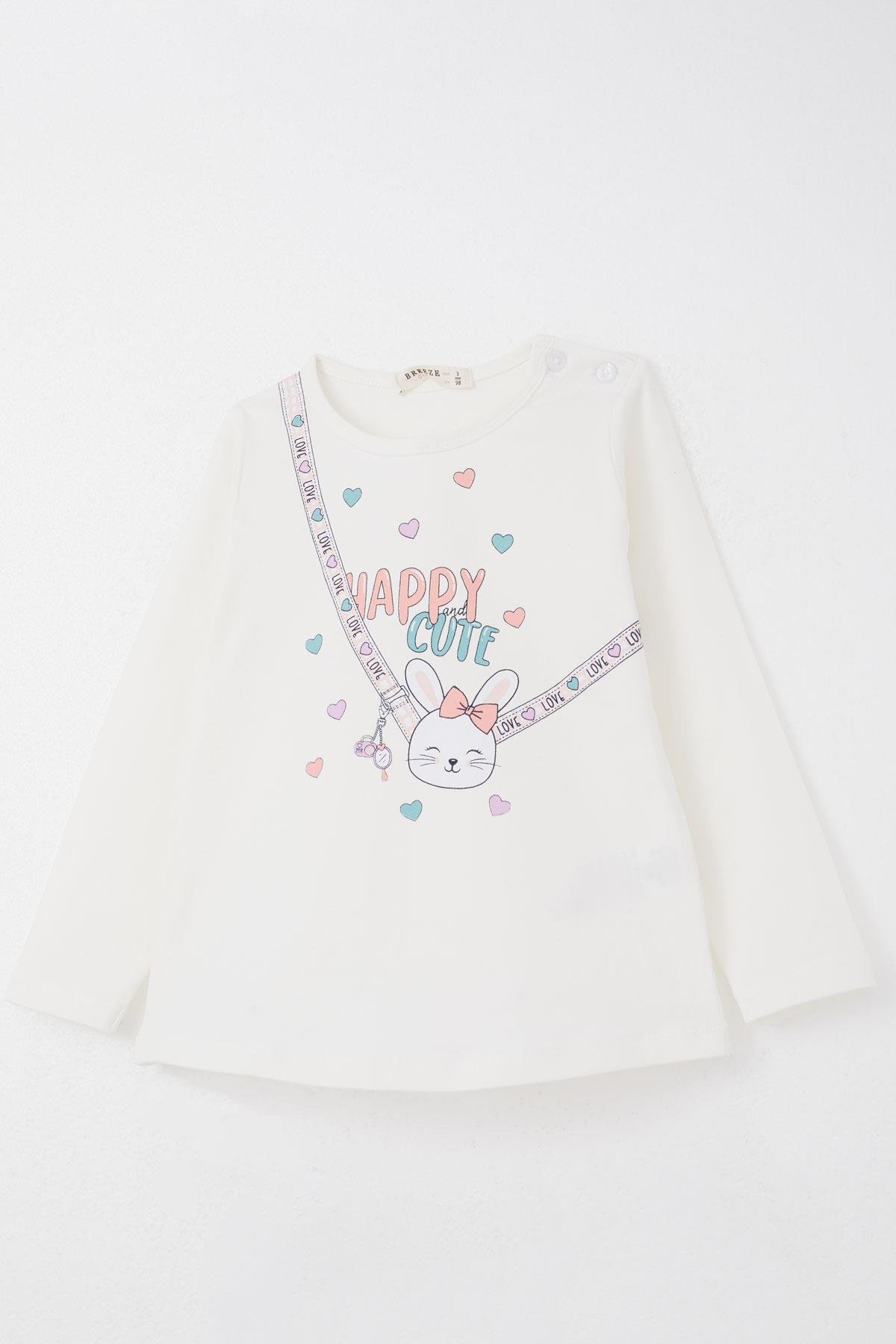 Breeze Kız Bebek Taytlı Takım Mutlu Tavşancık Baskılı Kalpli Ekru (9 Ay-3 Yaş)