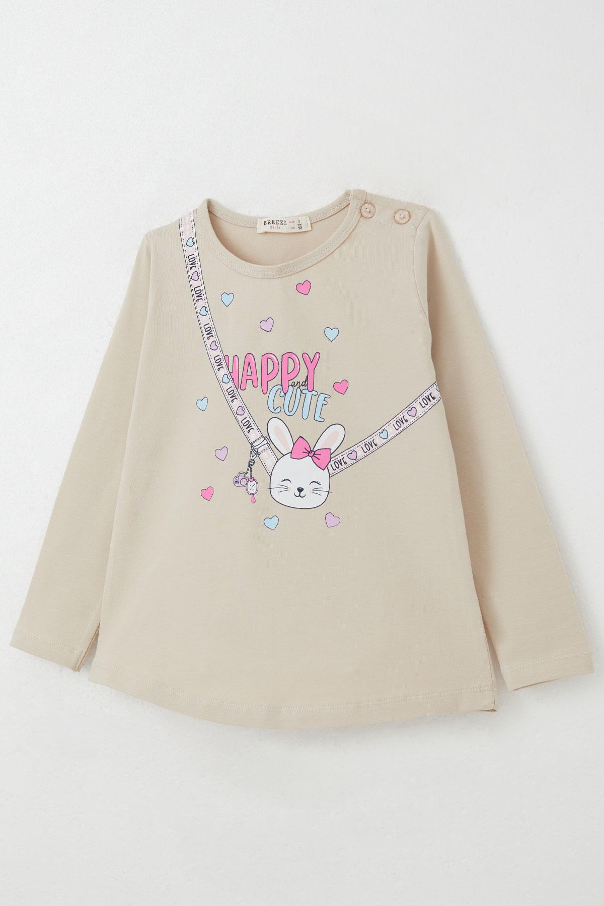 Breeze Kız Bebek Taytlı Takım Mutlu Tavşancık Baskılı Kalpli Bej (9 Ay-3 Yaş)