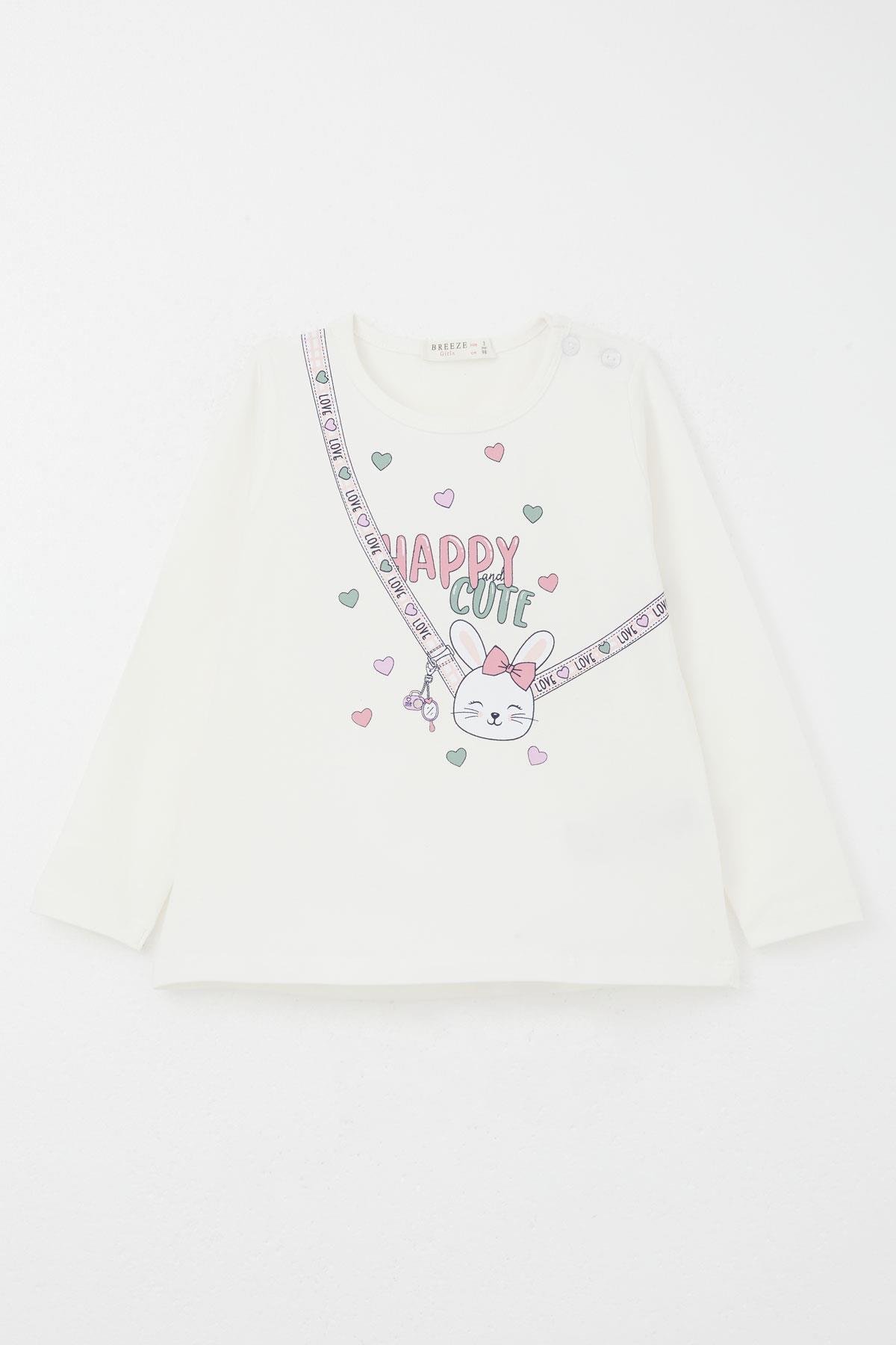 Breeze Kız Bebek Taytlı Takım Mutlu Tavşancık Baskılı Kalpli Ekru (9 Ay-3 Yaş)