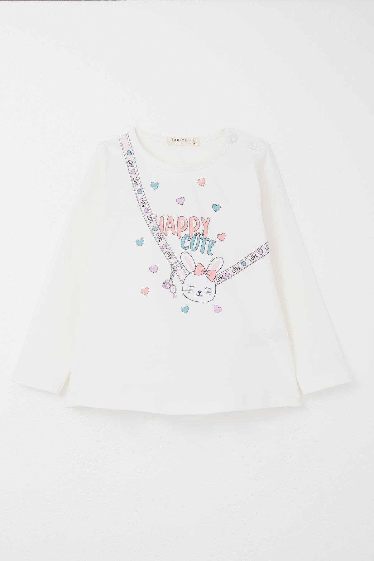 Breeze Kız Bebek Taytlı Takım Mutlu Tavşancık Baskılı Kalpli Ekru (9 Ay-3 Yaş)