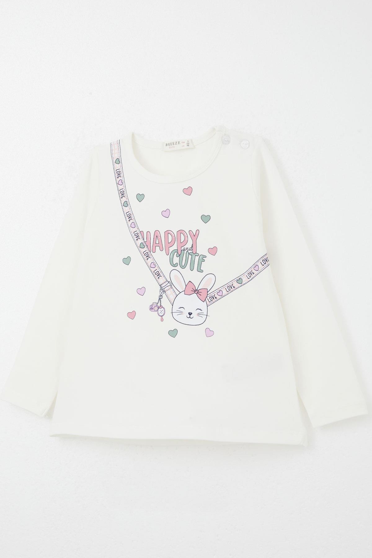 Breeze Kız Bebek Taytlı Takım Mutlu Tavşancık Baskılı Kalpli Ekru (9 Ay-3 Yaş)
