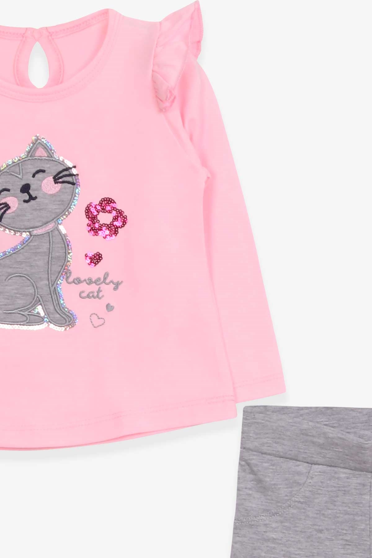 Breeze Kız Bebek Taytlı Takım Pullu Kedicik Baskılı Pudra (9 Ay-3 Yaş)