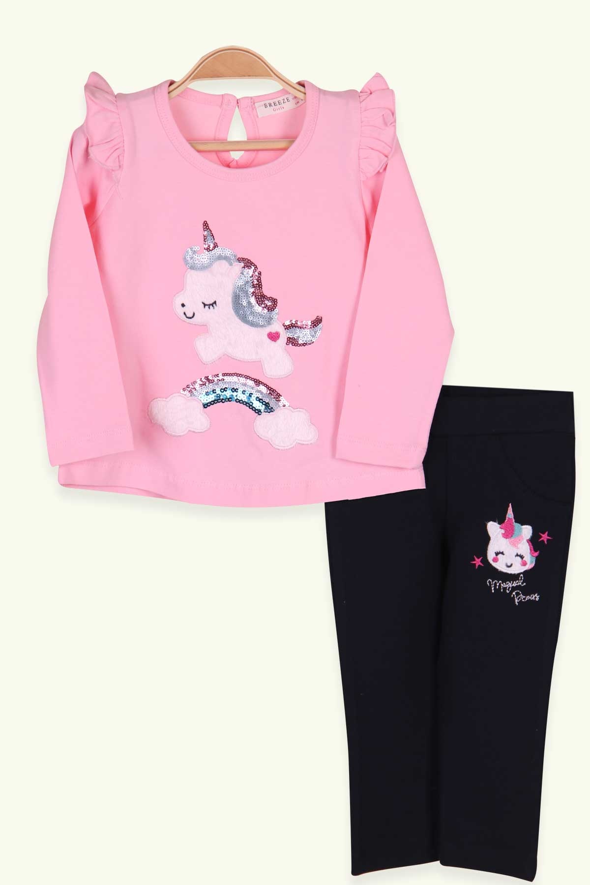 Breeze Kız Bebek Taytlı Takım Pullu Unicorn Pudra (9 Ay-3 Yaş)
