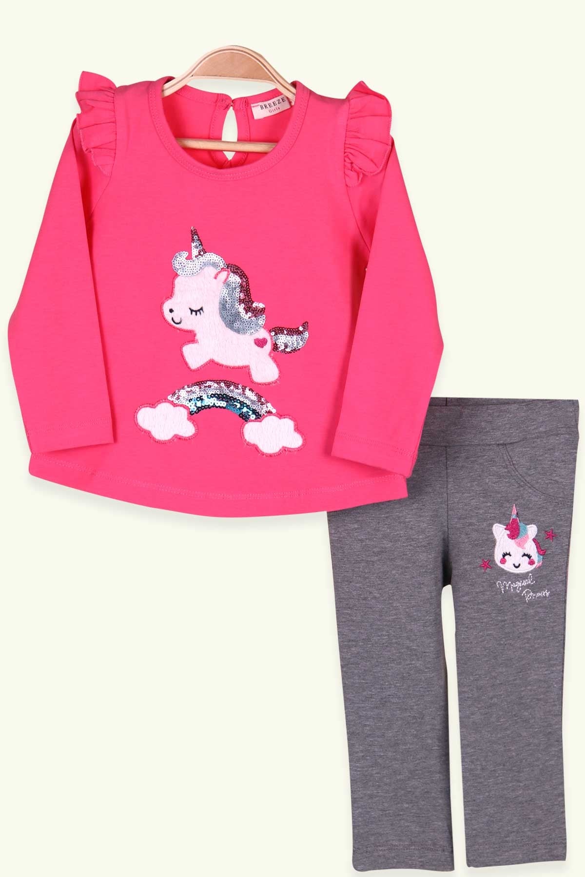 Breeze Kız Bebek Taytlı Takım Pullu Unicorn Fuşya (9 Ay-3 Yaş)