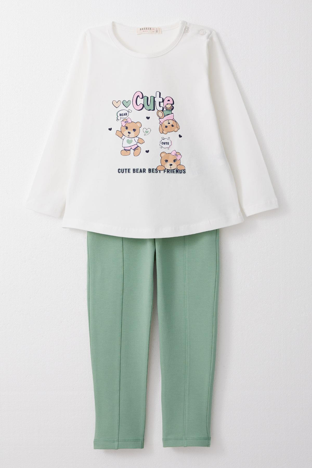 Breeze Kız Bebek Taytlı Takım Sevimli Dostlar Temalı Ayıcık Baskılı Beyaz (9 Ay-3 Yaş)