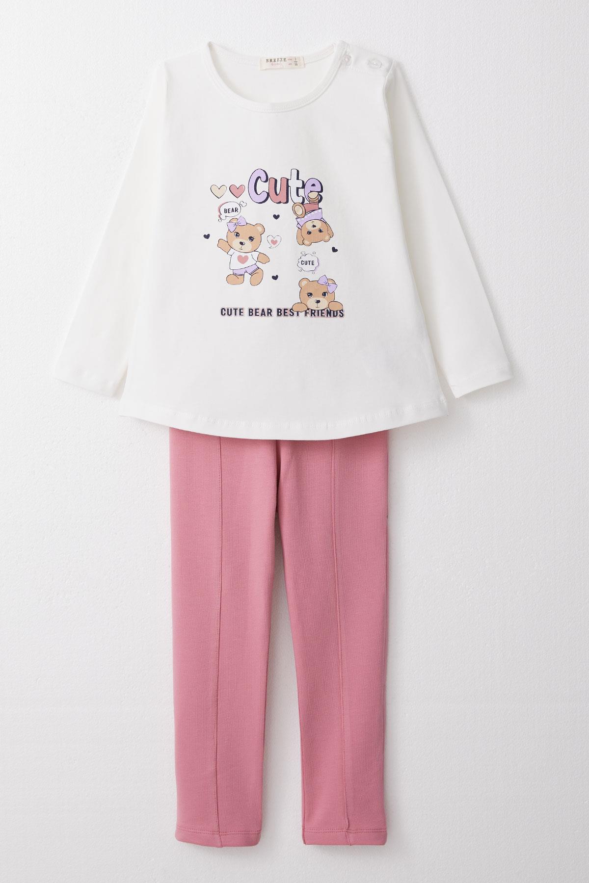 Breeze Kız Bebek Taytlı Takım Sevimli Dostlar Temalı Ayıcık Baskılı Beyaz (9 Ay-3 Yaş)