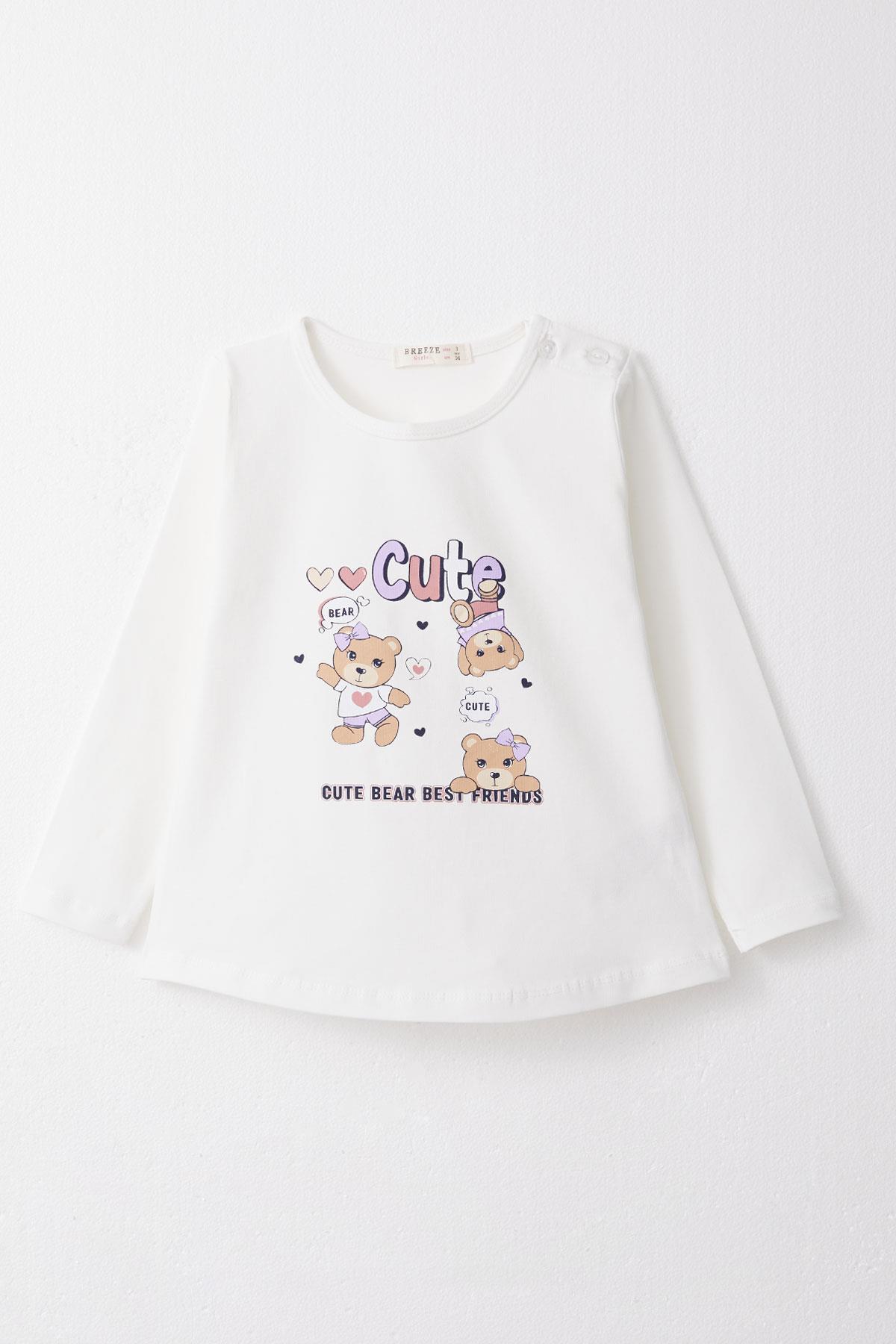 Breeze Kız Bebek Taytlı Takım Sevimli Dostlar Temalı Ayıcık Baskılı Beyaz (9 Ay-3 Yaş)