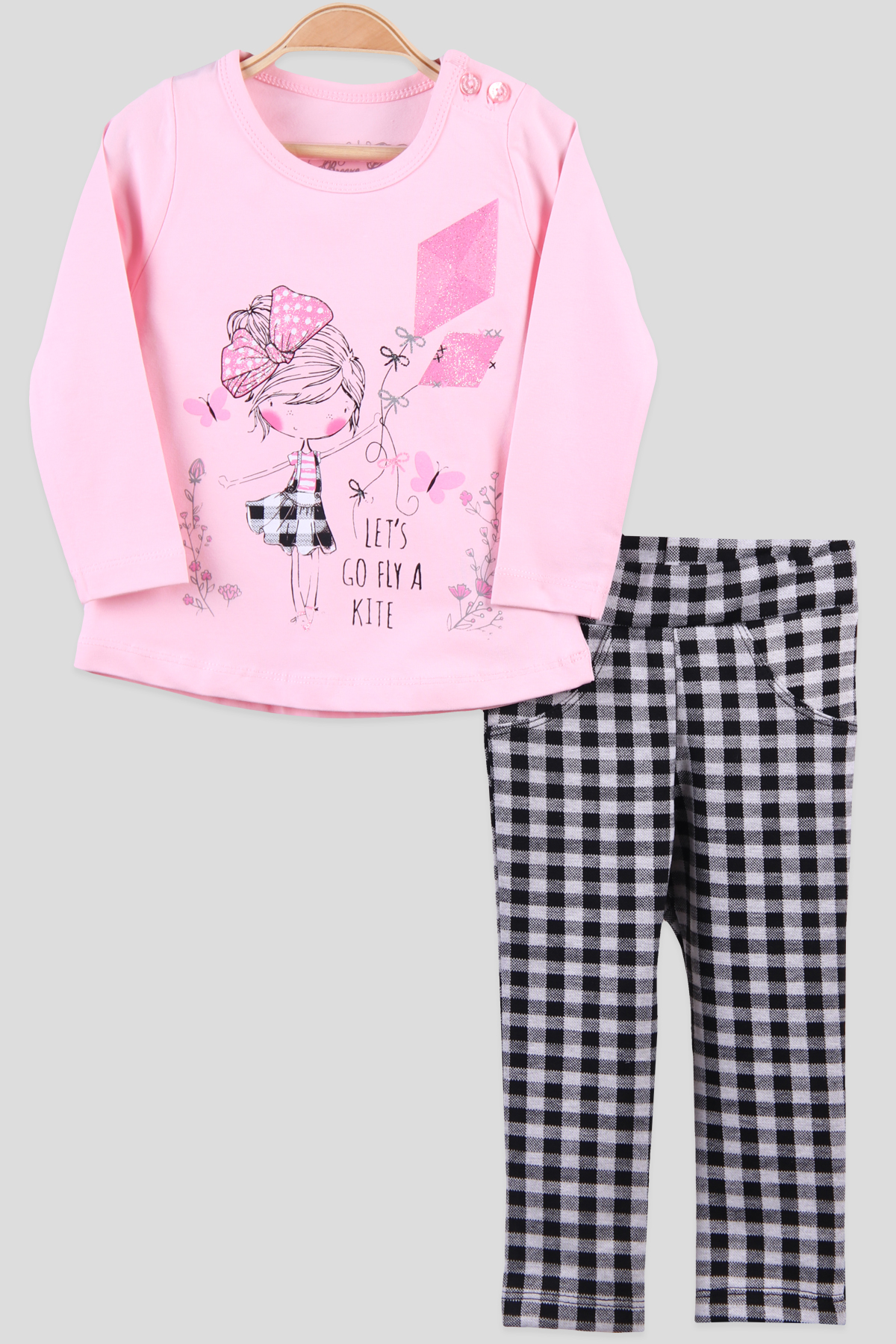 Breeze Kız Bebek Taytlı Takım Simli Ekoseli Pembe (9 Ay-3 Yaş)