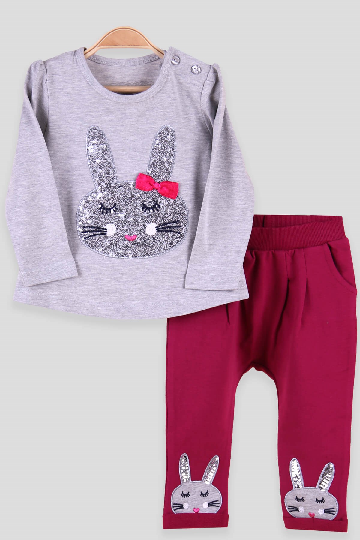 Breeze Kız Bebek Taytlı Takım Tavşanlı Gri-Fuşya (9 Ay-3 Yaş)
