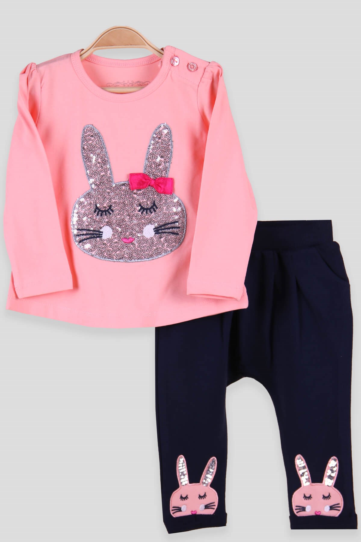 Breeze Kız Bebek Taytlı Takım Tavşanlı Somon-Lacivert (9 Ay-3 Yaş)