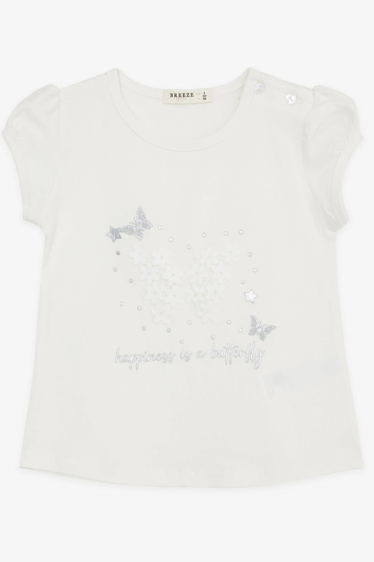 Breeze Kız Bebek Tişört Kelebek Baskılı Nakışlı Ekru (9 Ay-3 Yaş)
