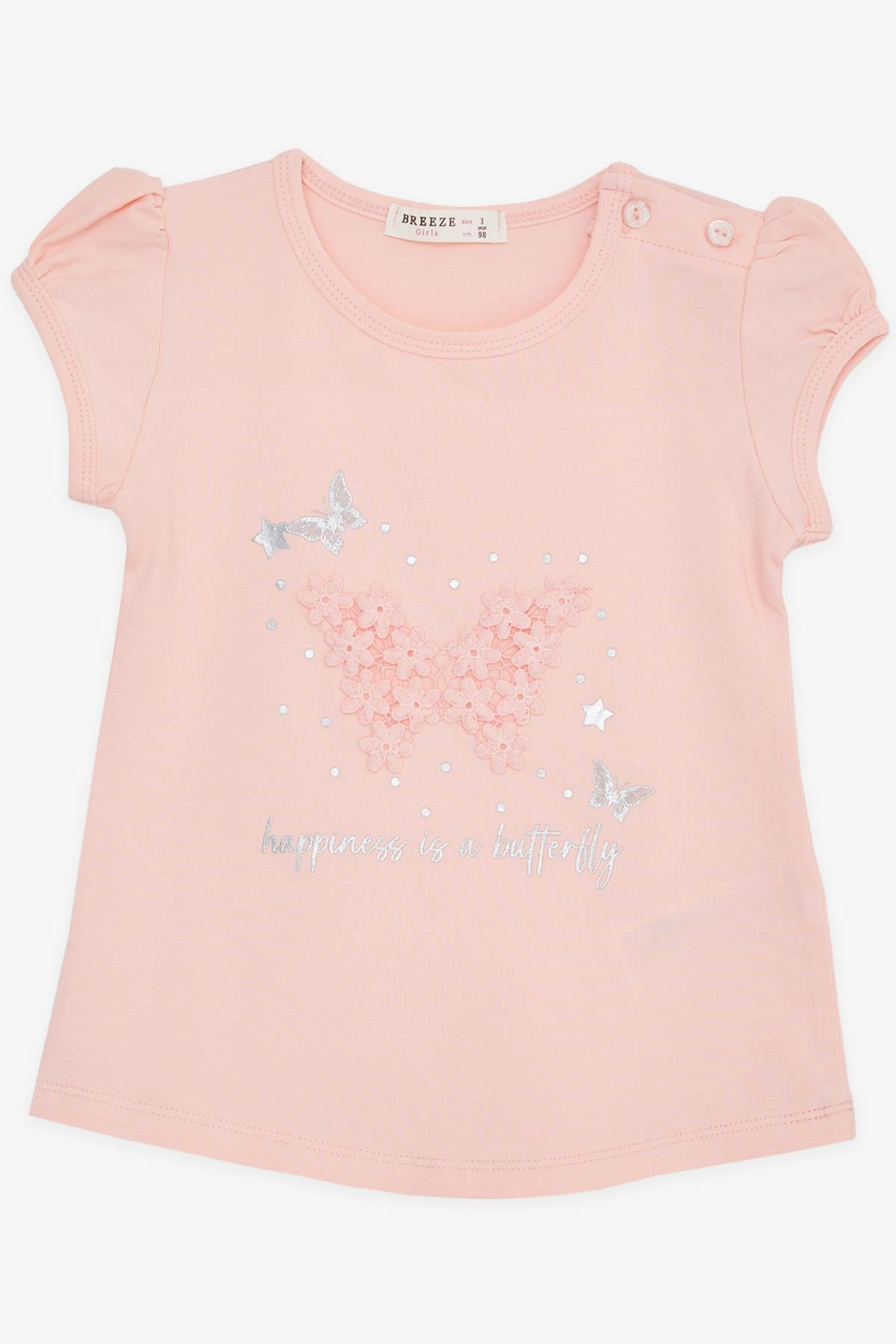 Breeze Kız Bebek Tişört Kelebek Baskılı Nakışlı Somon (9 Ay-3 Yaş)