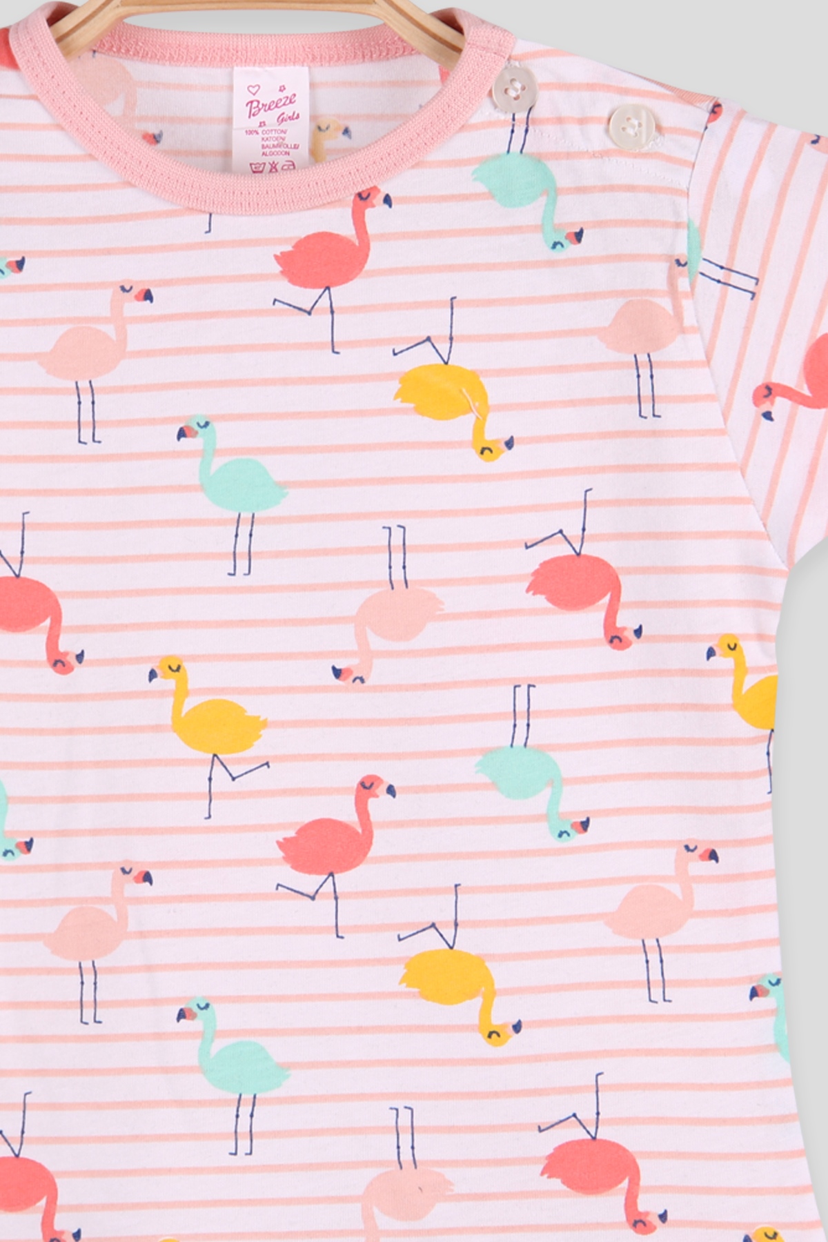 Breeze Kız Bebek Tişört Patlı Çizgili Flamingo Desenli Pudra (1-4 Yaş)