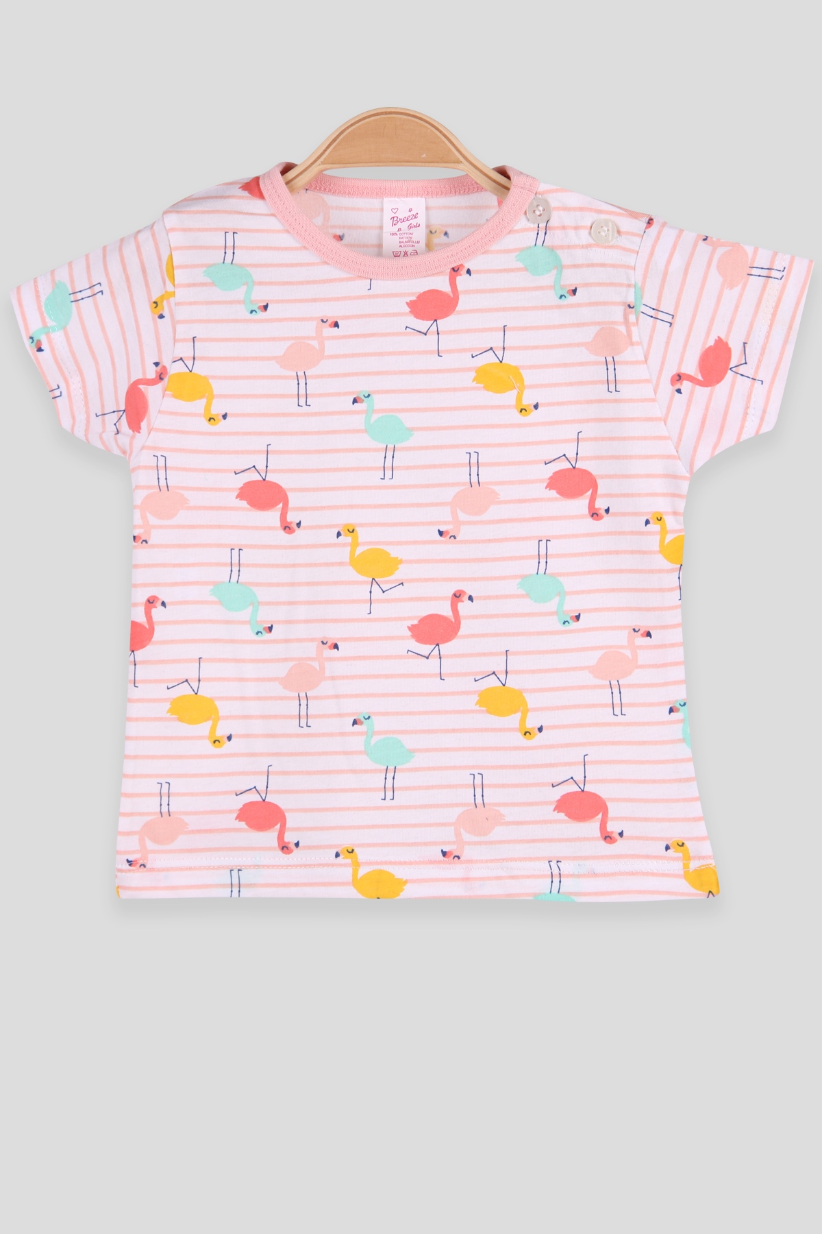 Breeze Kız Bebek Tişört Patlı Çizgili Flamingo Desenli Pudra (1-4 Yaş)