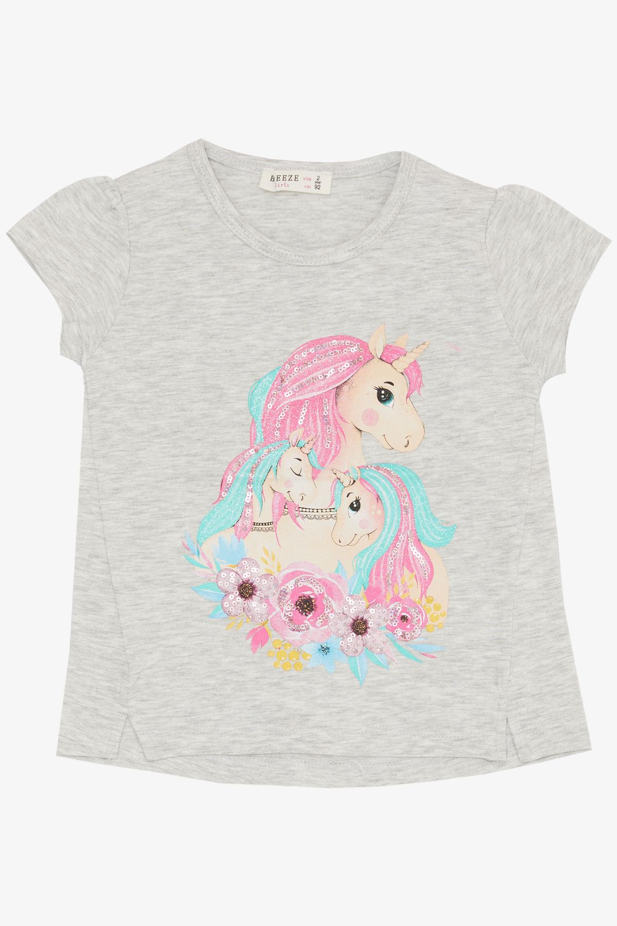 Breeze Kız Bebek Tişört Unicorn Baskılı Gri Melanj (2 Yaş)
