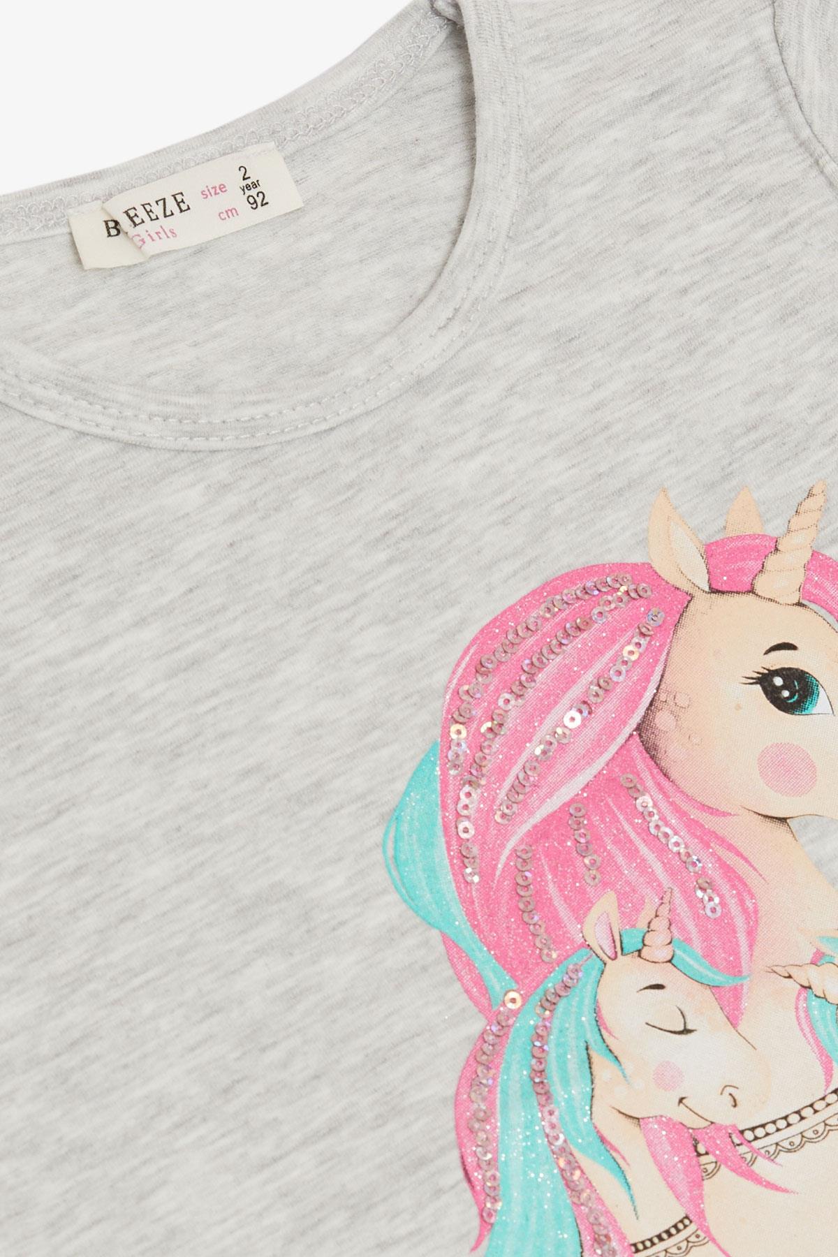 Breeze Kız Bebek Tişört Unicorn Baskılı Gri Melanj (2 Yaş)