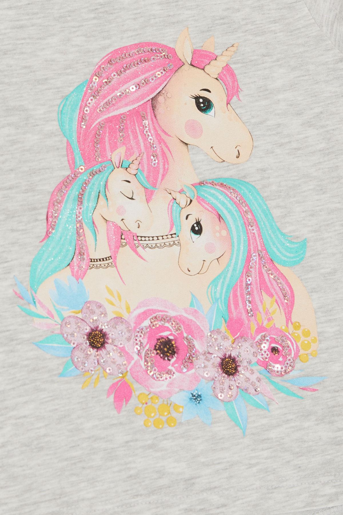 Breeze Kız Bebek Tişört Unicorn Baskılı Gri Melanj (2 Yaş)