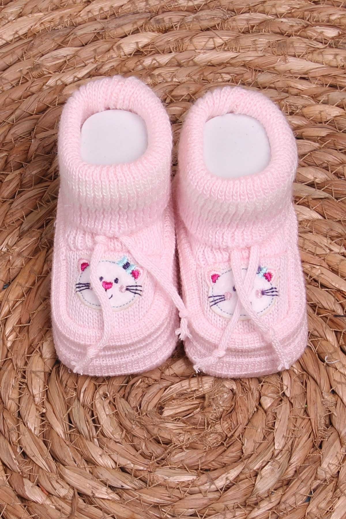 Breeze Kız Bebek Triko Patik İşlemeli Kedili Pudra (Yenidoğan)