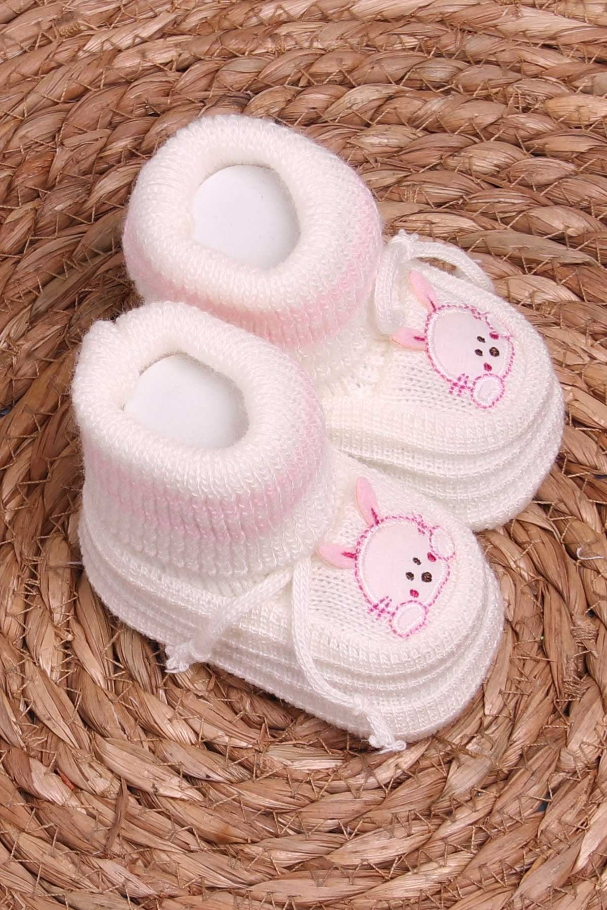 Breeze Kız Bebek Triko Patik İşlemeli Tavşanlı Ekru (Yenidoğan)