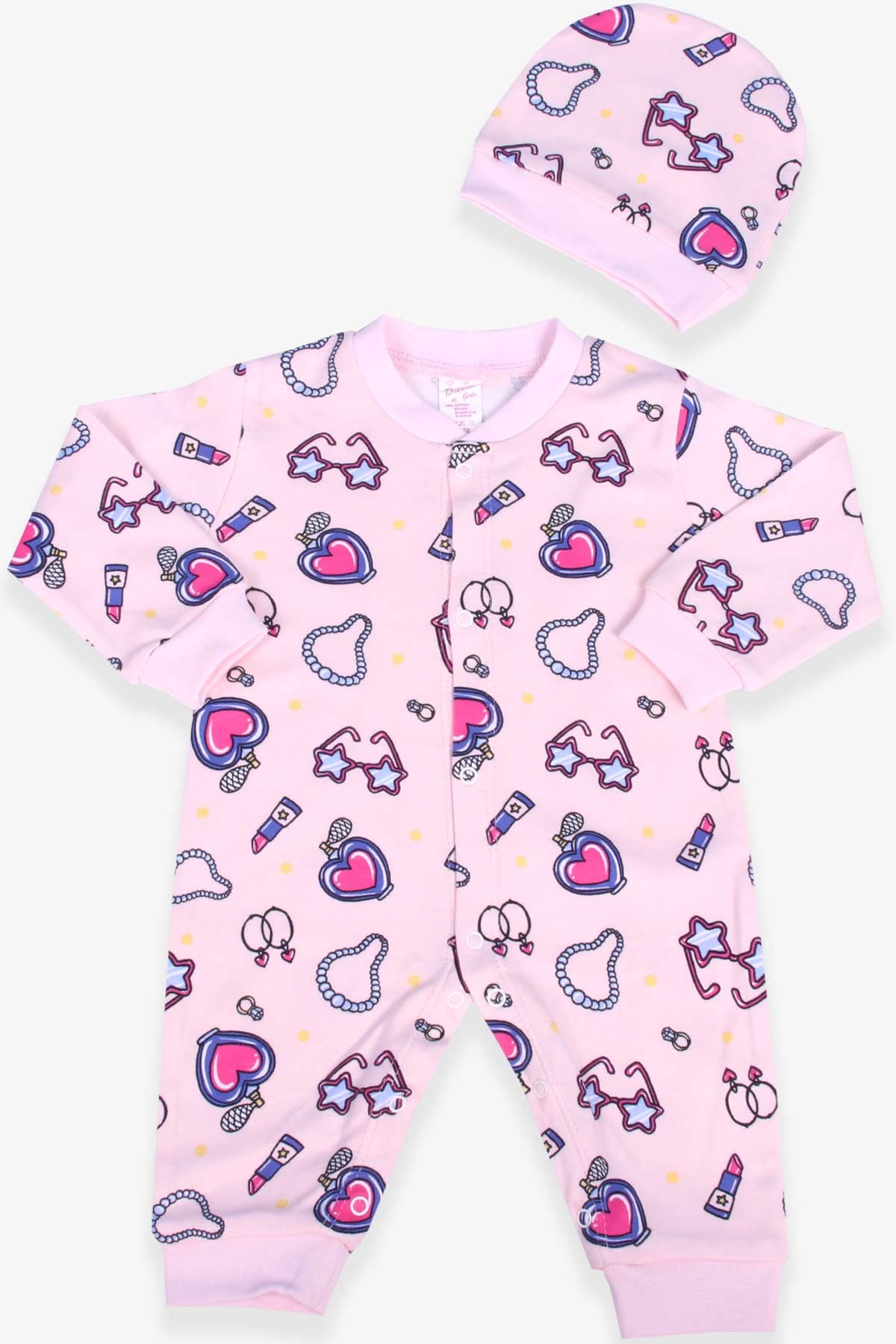 Breeze Kız Bebek Tulum Aksesuar Desenli Şapkalı Set Pudra (0-3 Ay-6 Ay)