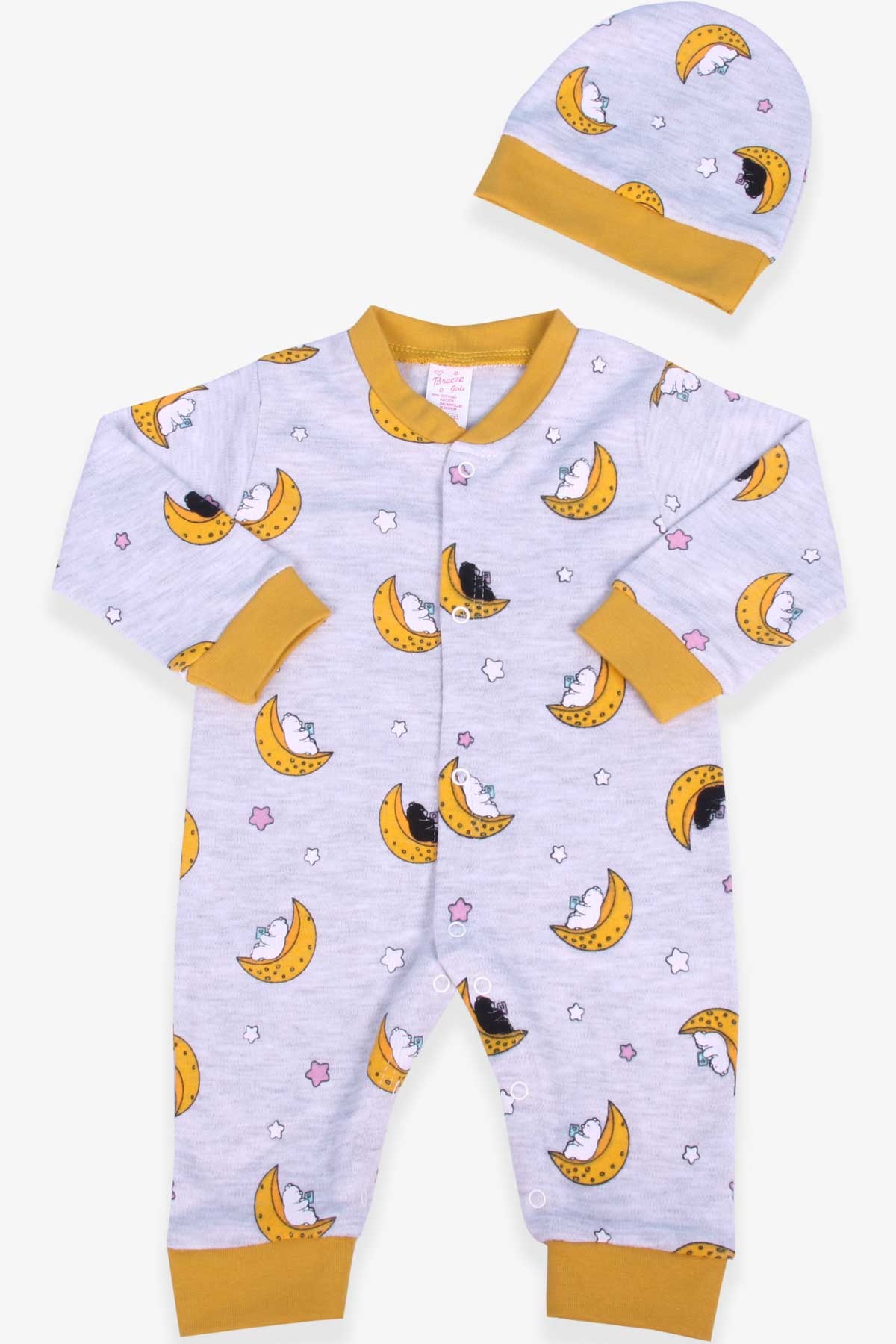 Breeze Kız Bebek Tulum Ay Desenli Şapkalı Set Açık Gri Melanj (0-3 Ay-6 Ay)