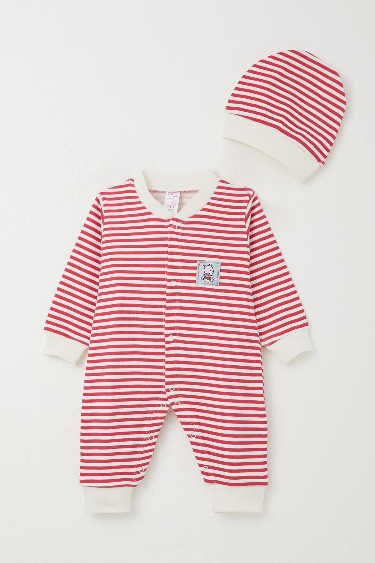 Breeze Kız Bebek Tulum Ayıcık Armalı Çizgili Fuşya (0-6 Ay)
