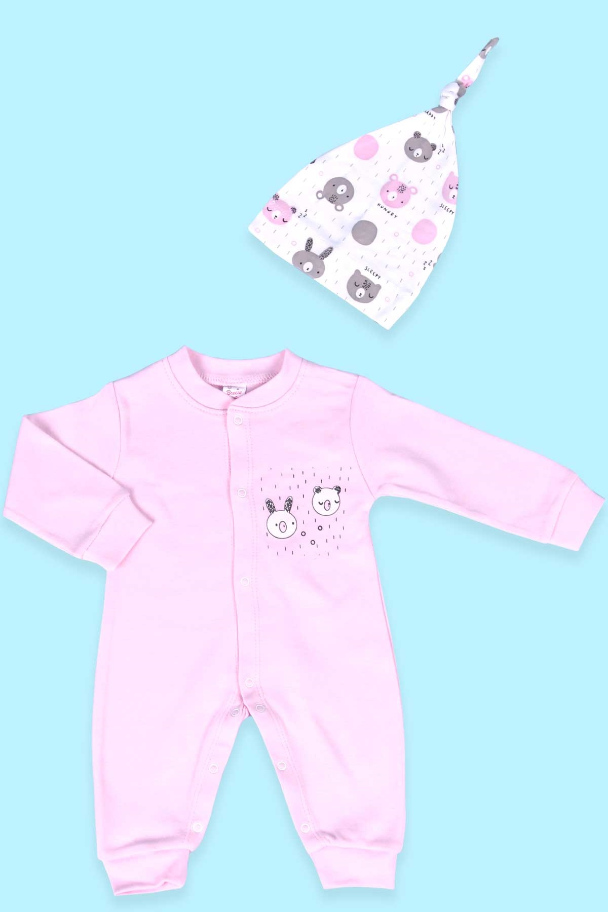 Breeze Kız Bebek Tulum Ayıcık Baskılı Şapkalı Set Pudra (0-3 Ay-4 Ay)