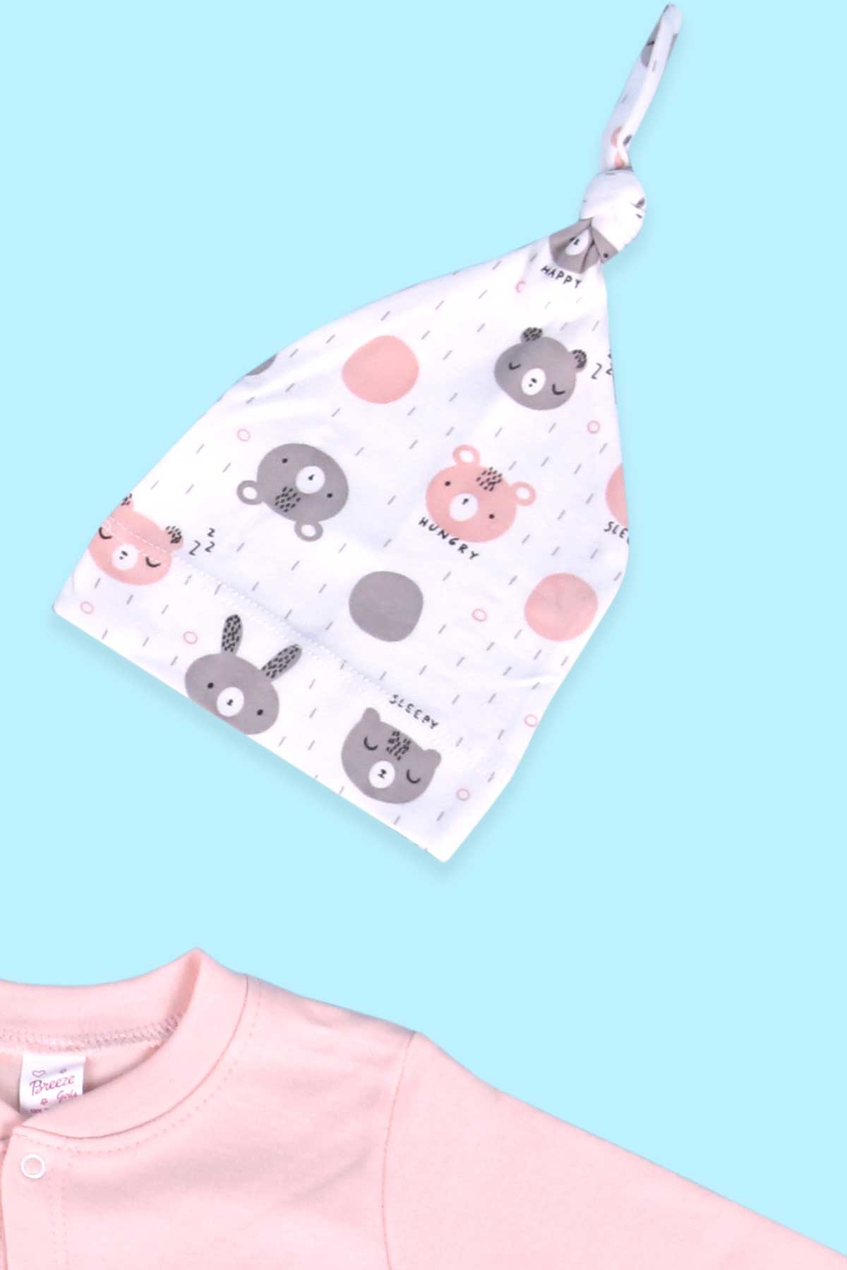 Breeze Kız Bebek Tulum Ayıcık Baskılı Şapkalı Set Somon (0-3 Ay-4 Ay)