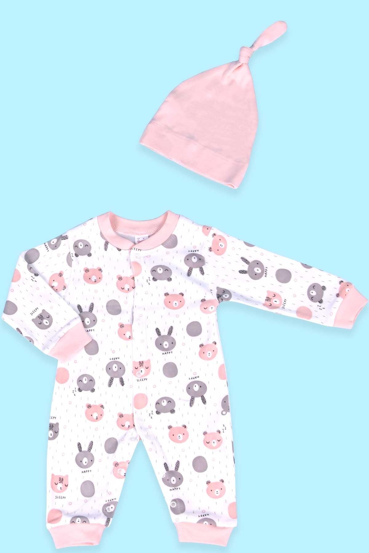 Breeze Kız Bebek Tulum Ayıcık Desenli Şapkalı Set Somon (0-3 Ay-4 Ay)