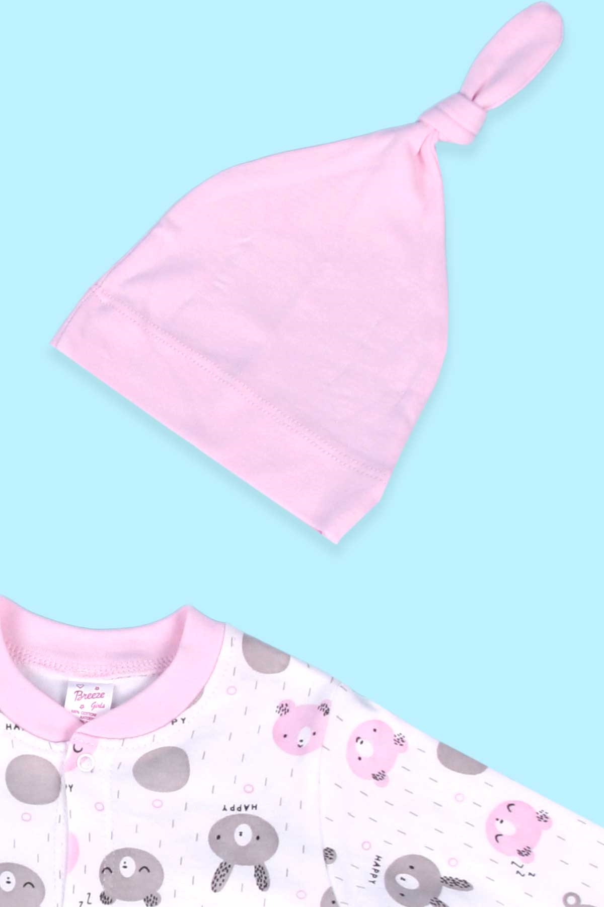 Breeze Kız Bebek Tulum Ayıcık Desenli Şapkalı Set Pudra (0-3 Ay-4 Ay)