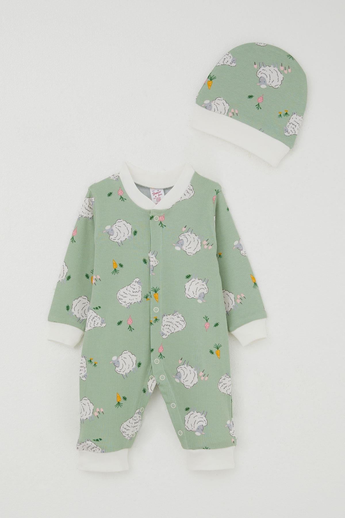 Breeze Kız Bebek Tulum Bahar Temalı Sevimli Koyuncuk Desenli Mint Yeşili (0-6 Ay)