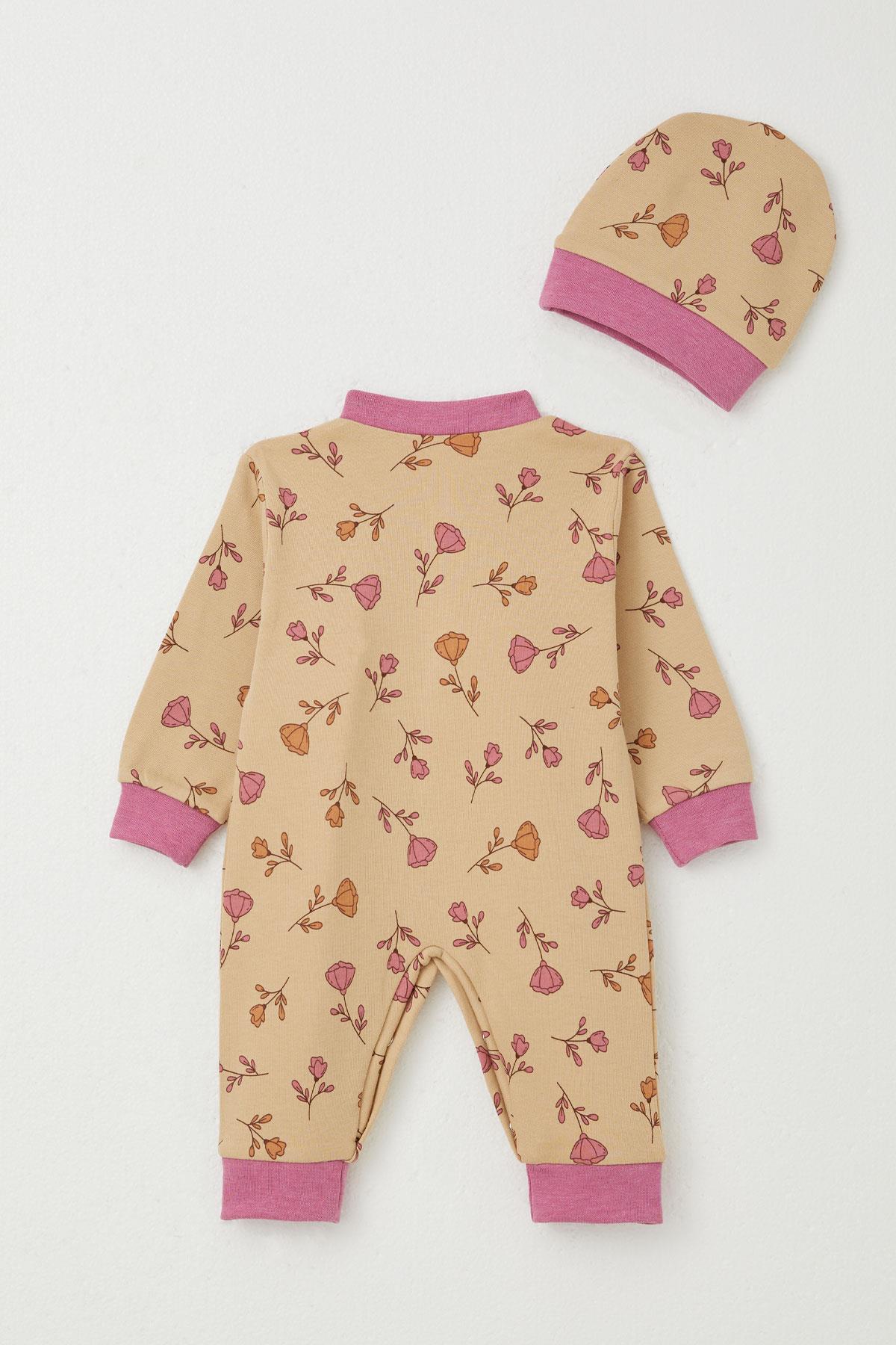 Breeze Kız Bebek Tulum Çiçek Desenli Açık Kahverengi (0-6 Ay)