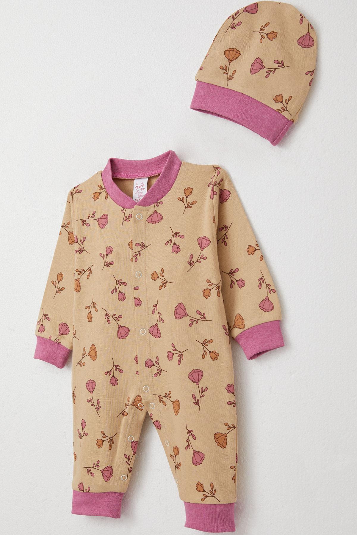 Breeze Kız Bebek Tulum Çiçek Desenli Açık Kahverengi (0-6 Ay)