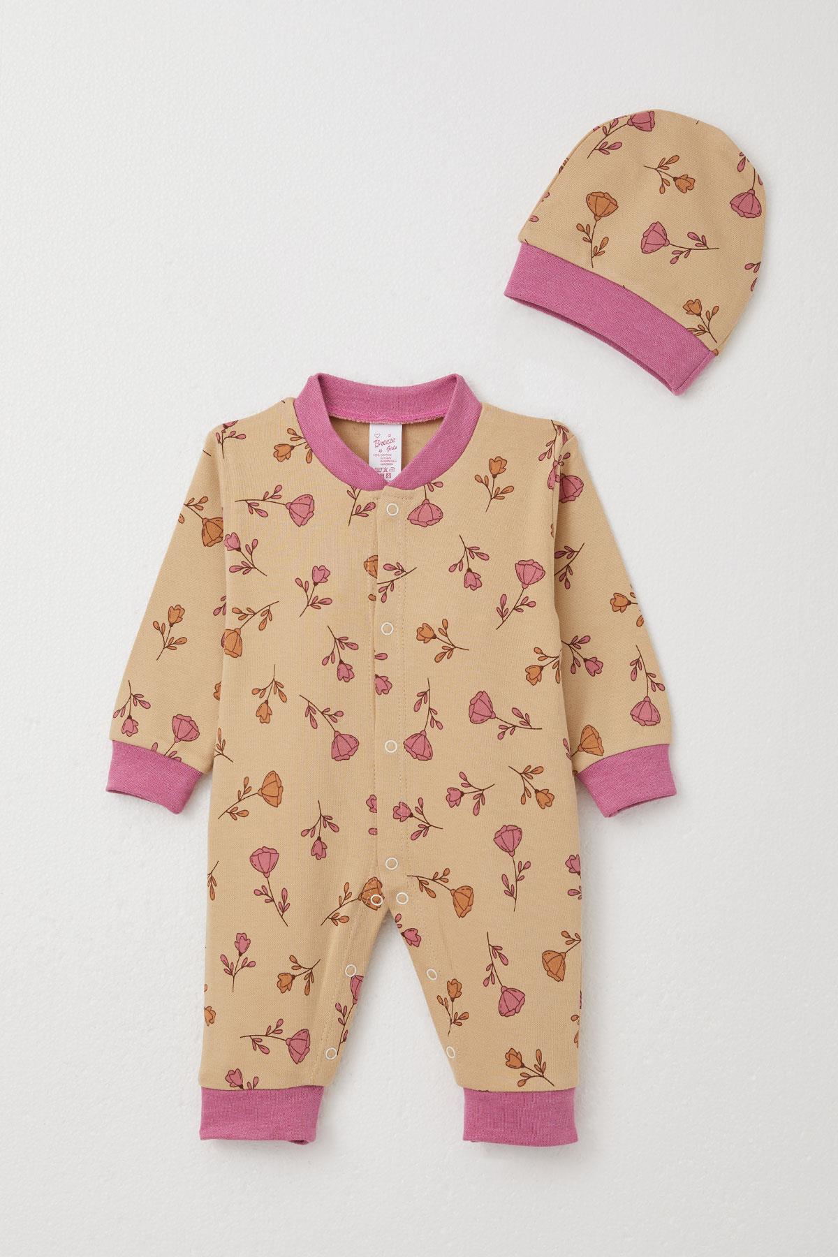 Breeze Kız Bebek Tulum Çiçek Desenli Açık Kahverengi (0-6 Ay)