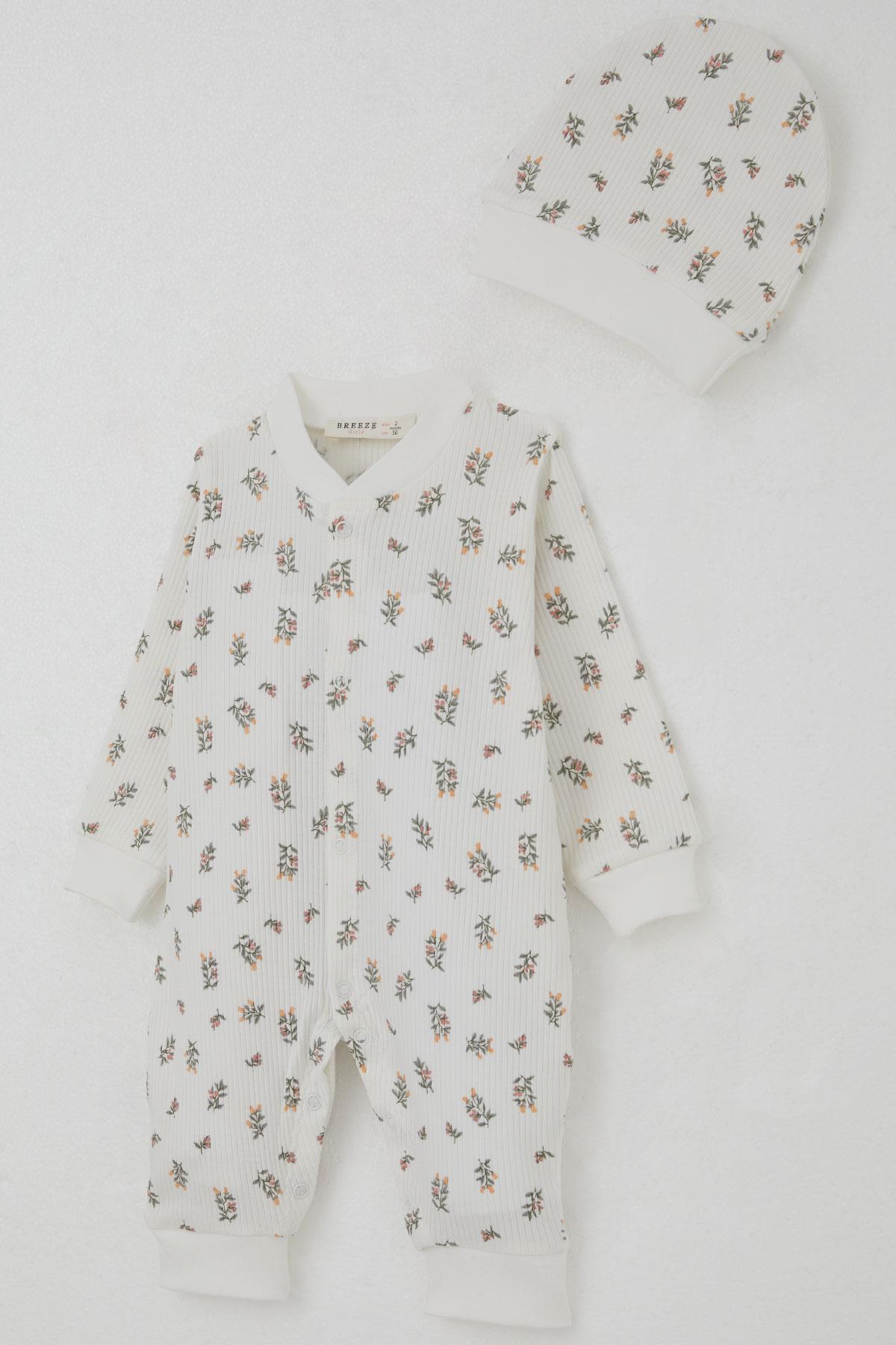 Breeze Kız Bebek Tulum Çiçek Desenli Ekru (0-6 Ay)