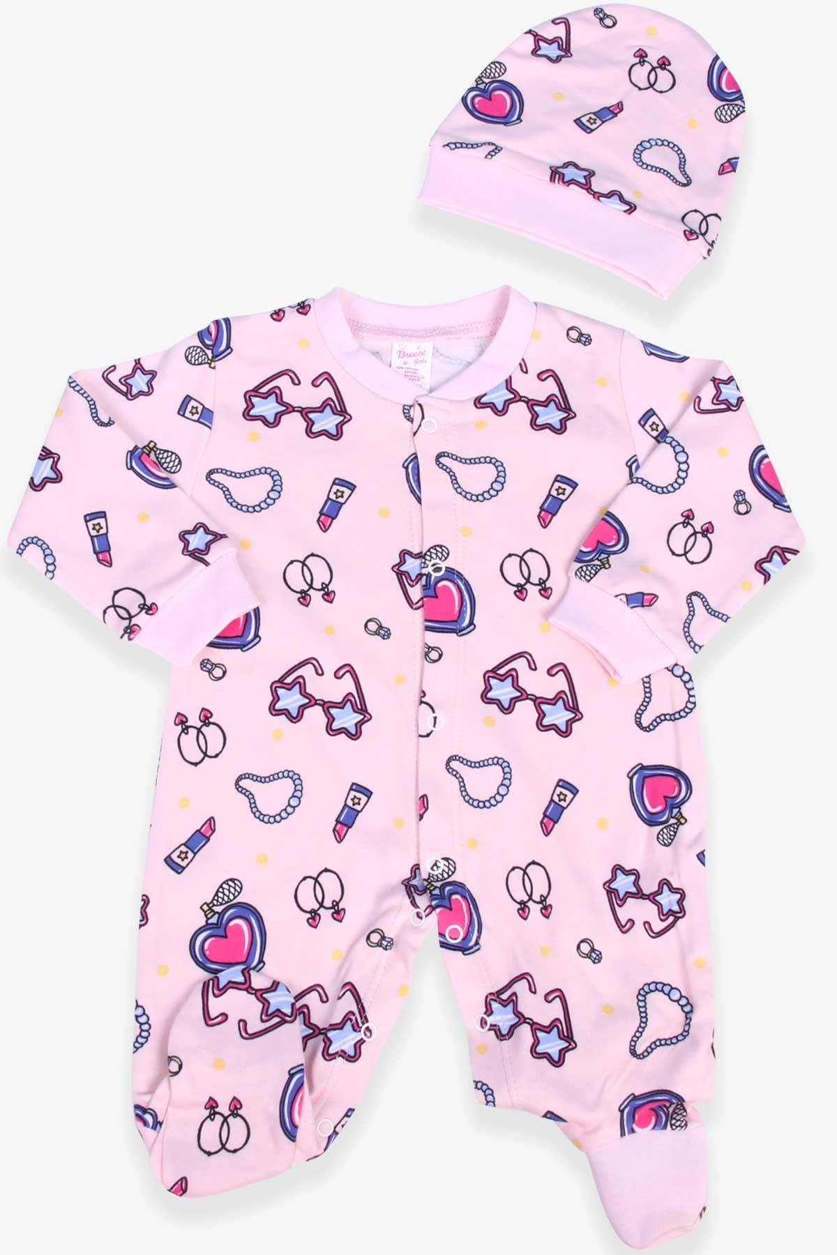 Breeze Kız Bebek Tulum Desenli Şapkalı Set Somon (0-3 Ay-6 Ay)