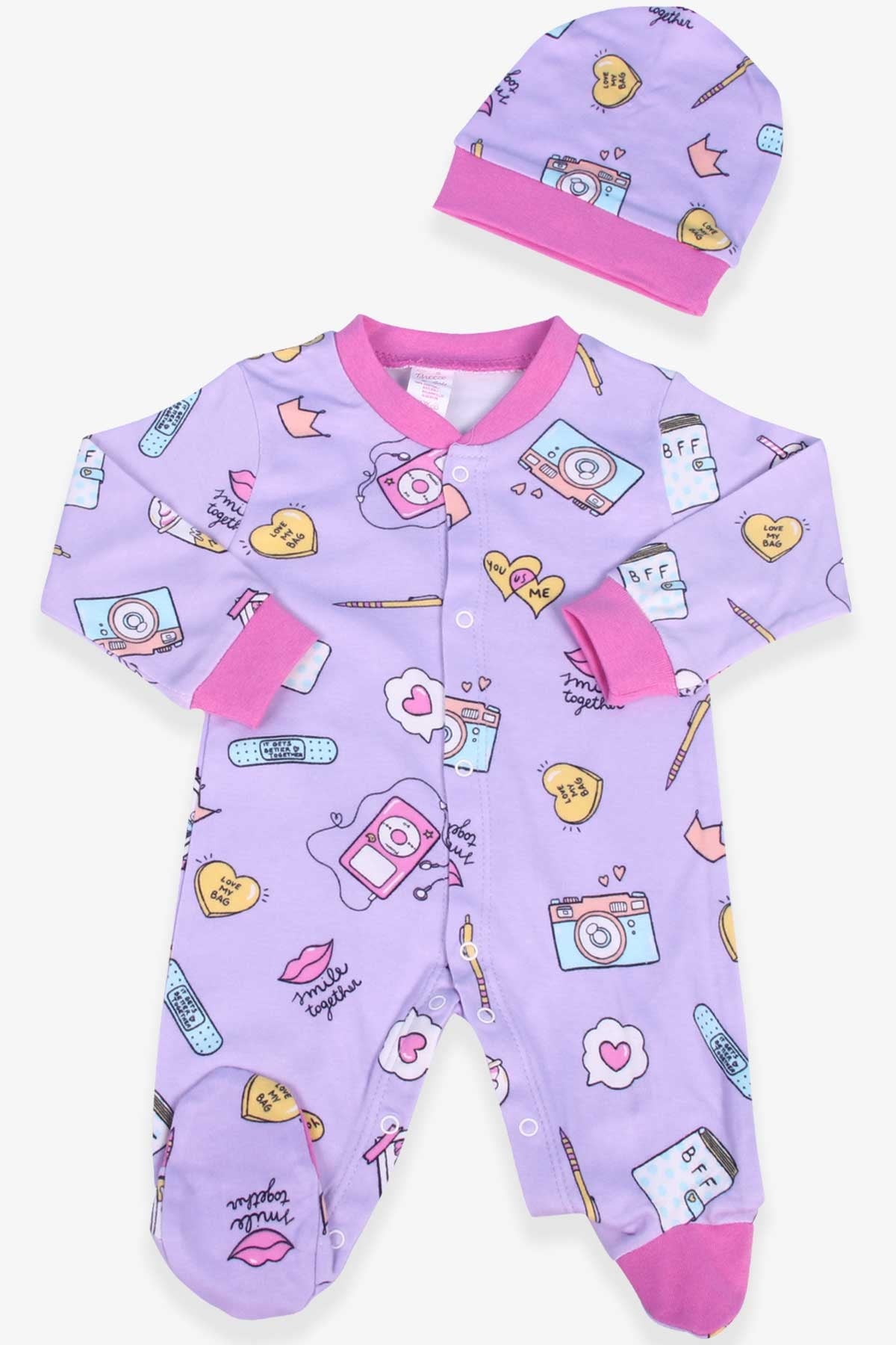 Breeze Kız Bebek Tulum Desenli Şapkalı Set Eflatun (0-3 Ay-6 Ay)