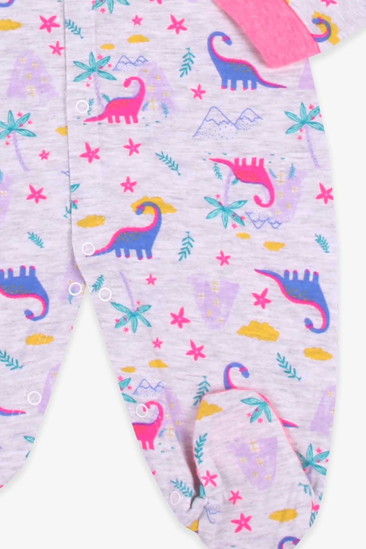Breeze Kız Bebek Tulum Dinozorlu Şapkalı Set Açık Gri Melanj (0-3-6 Ay)