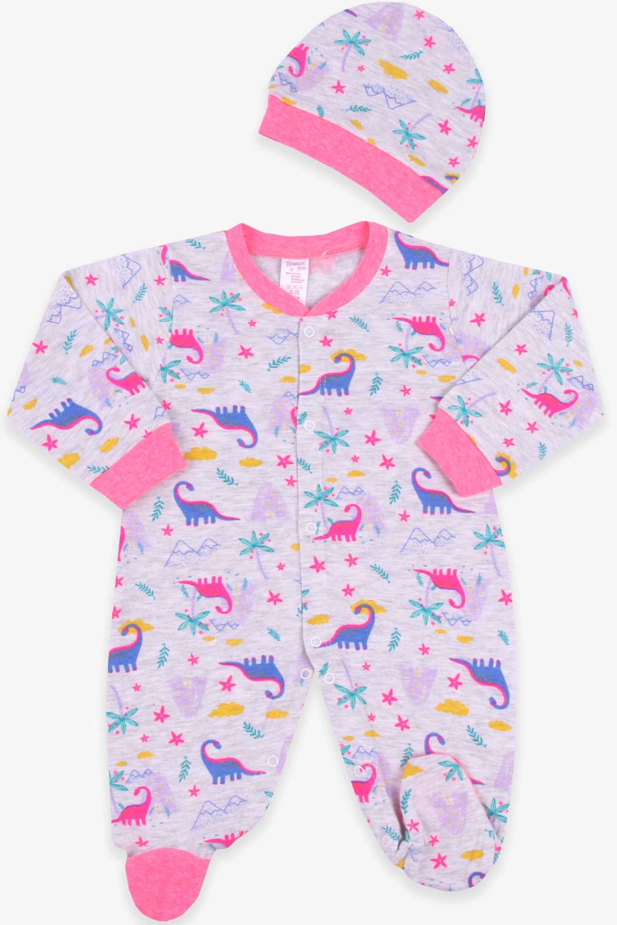 Breeze Kız Bebek Tulum Dinozorlu Şapkalı Set Açık Gri Melanj (0-3-6 Ay)