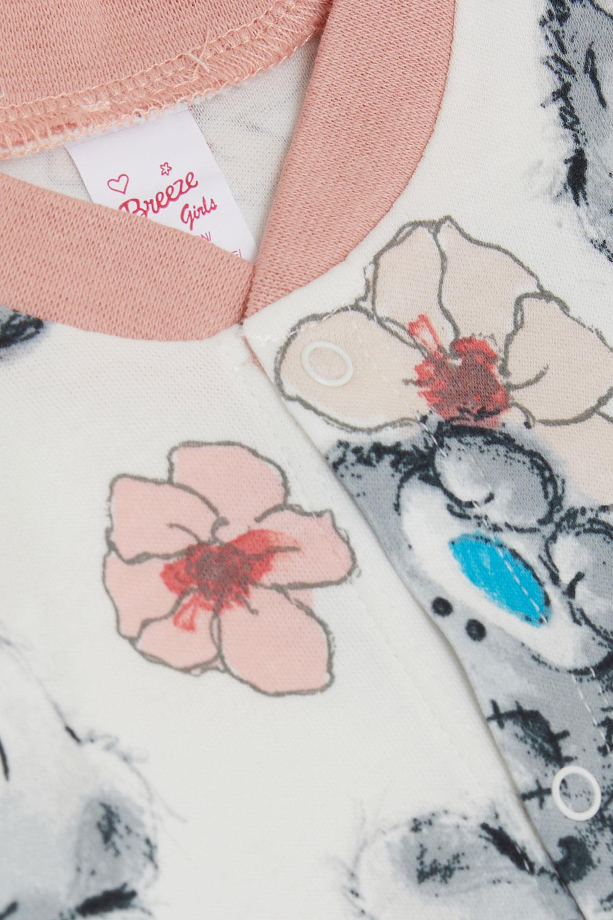 Breeze Kız Bebek Tulum Düşünceli Ayıcık & Çiçek Desenli Ekru (0-6 Ay)