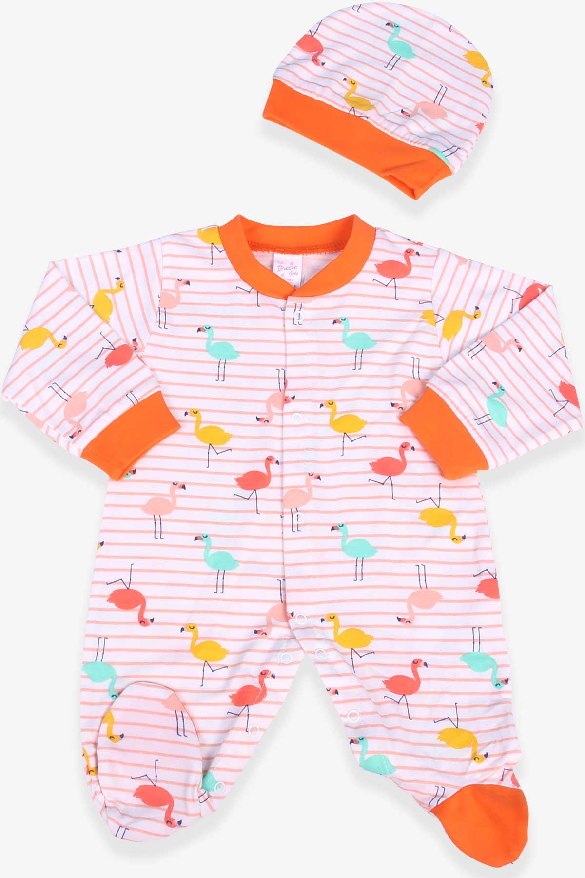 Breeze Kız Bebek Tulum Flamingo Desenli Şapkalı Set Ekru (0-3 Ay-6 Ay)