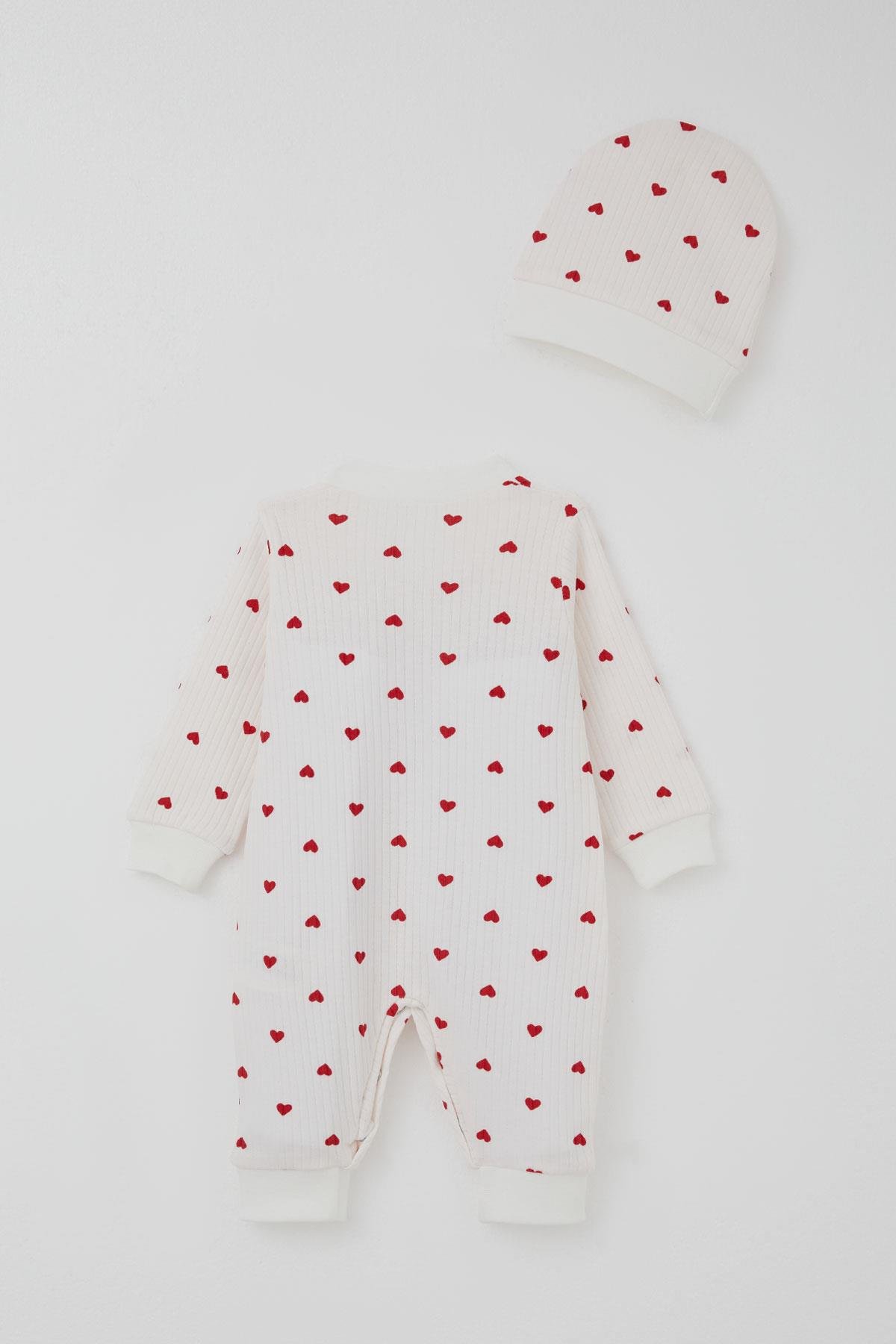 Breeze Kız Bebek Tulum Kalp Desenli Ekru (0-6 Ay)