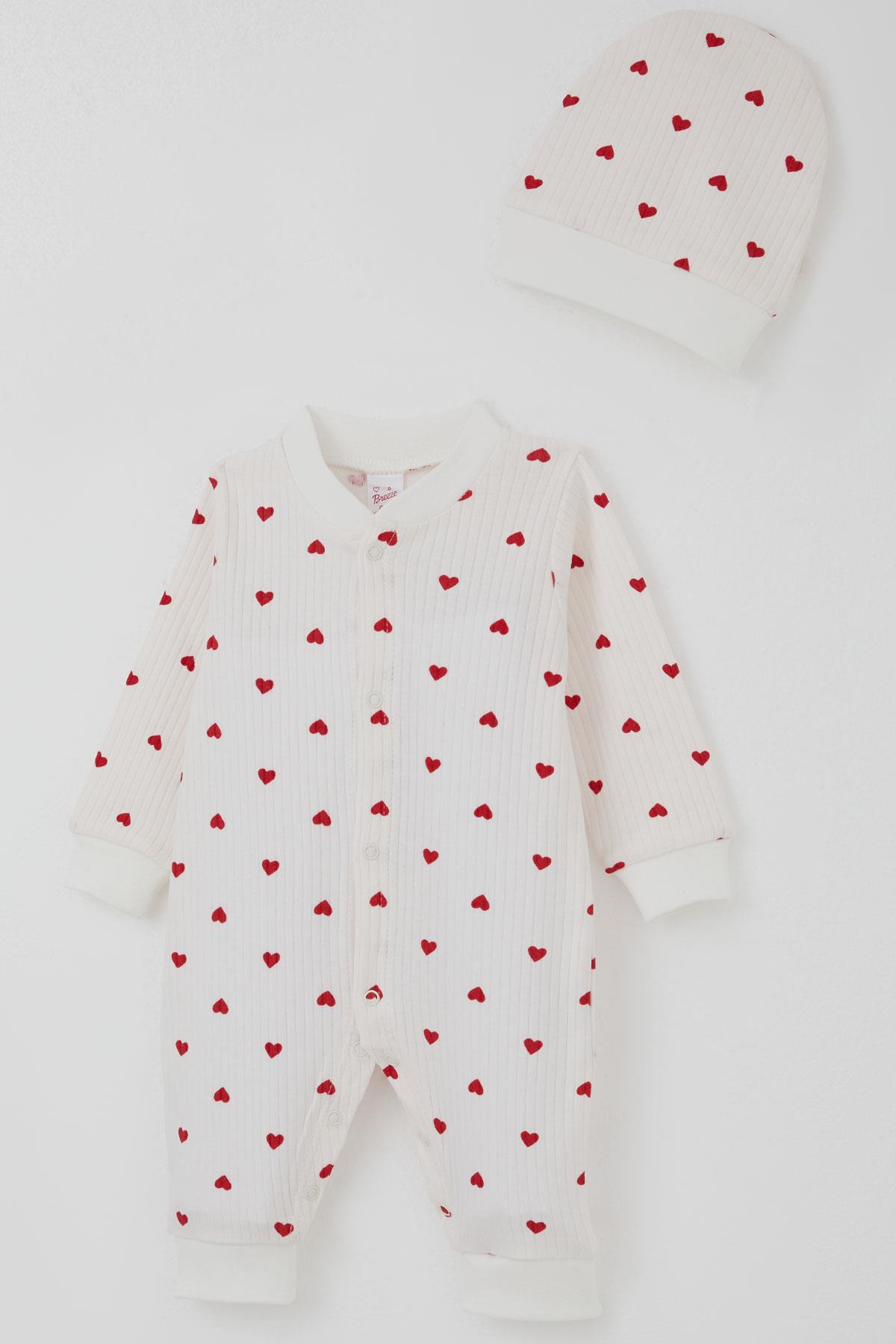 Breeze Kız Bebek Tulum Kalp Desenli Ekru (0-6 Ay)