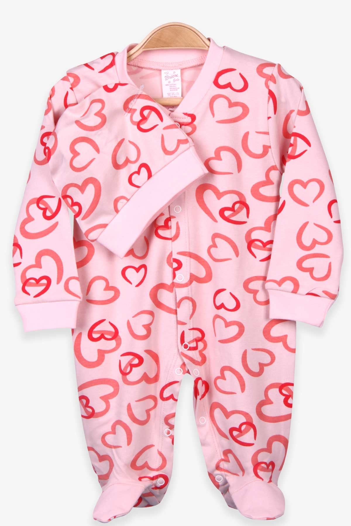 Breeze Kız Bebek Tulum Kalp Desenli Şapkalı Set Somon (0-3-6 Ay)