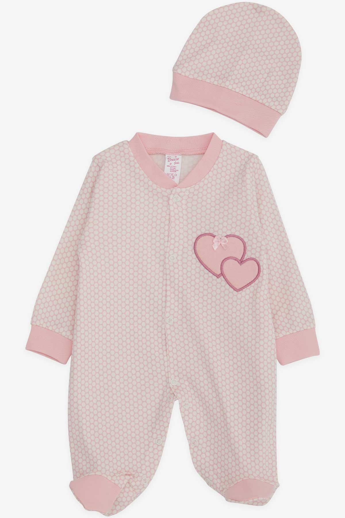 Breeze Kız Bebek Tulum Kalp Nakışlı Puantiye Desenli Pudra (4-6 Ay)